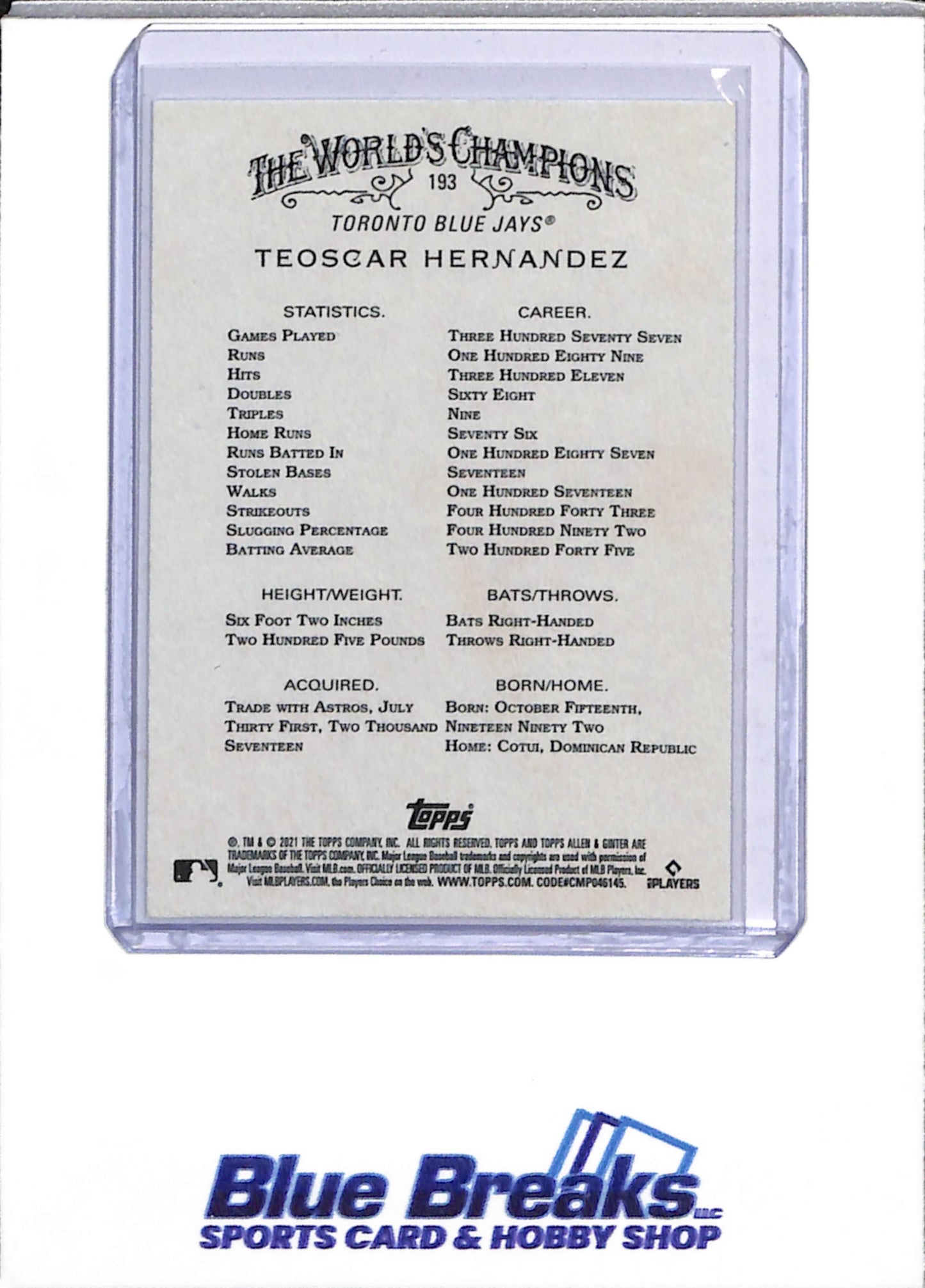 2021 Allen & Ginter - Auto - Teoscar Hernandez - #193 - Baseball - Blue Jays