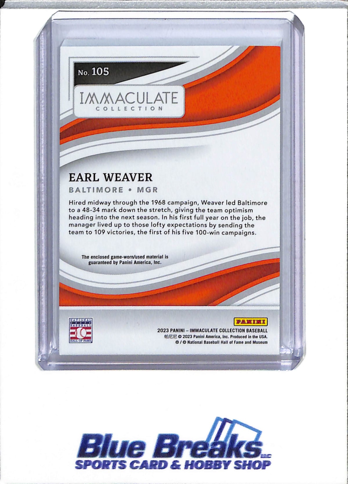 2023 Panini - Immaculate - Relic - Earl Weaver - 1/1 - #105 - Baseball - Baltimore Orioles