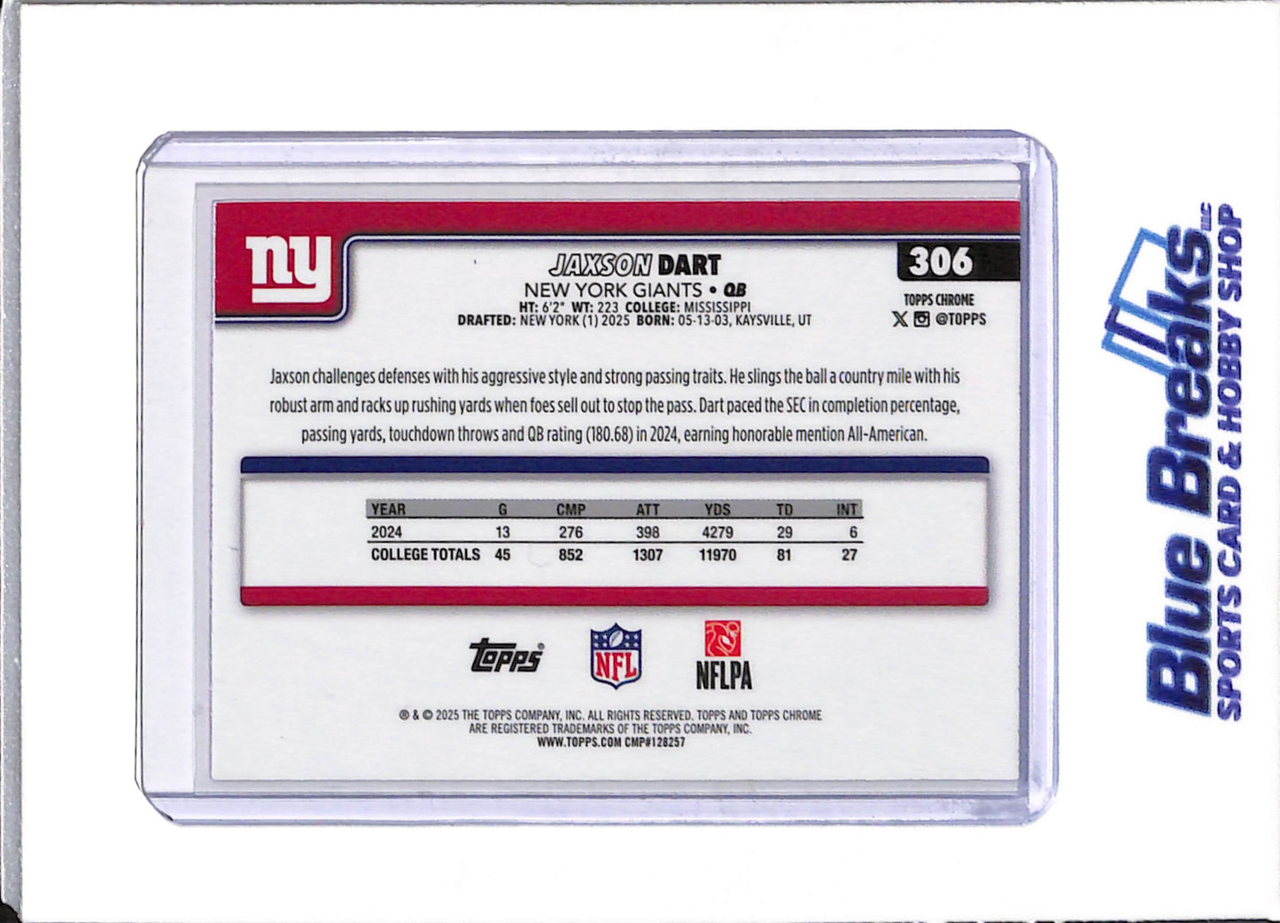 2025 Topps Chrome - pink wave refractor - Jaxson Dart - 239/250 - RC - #306 - football - Giants - drop