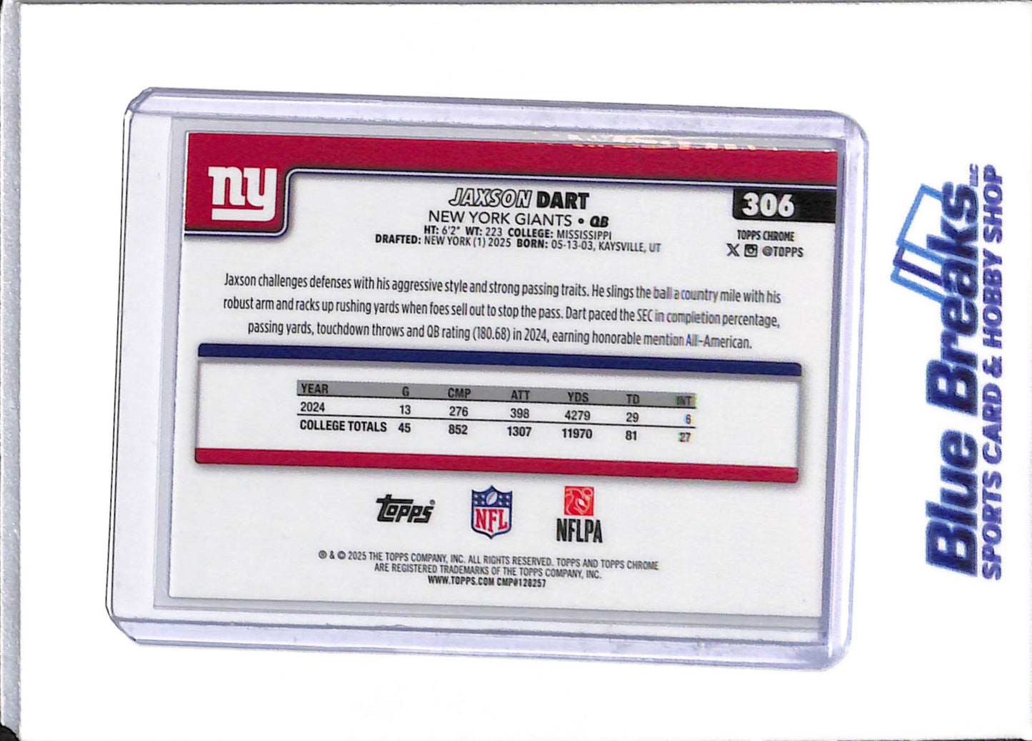 2025 Topps Chrome - purple - Jaxson Dart - 55/75 - RC - #306 - football - Giants - drop
