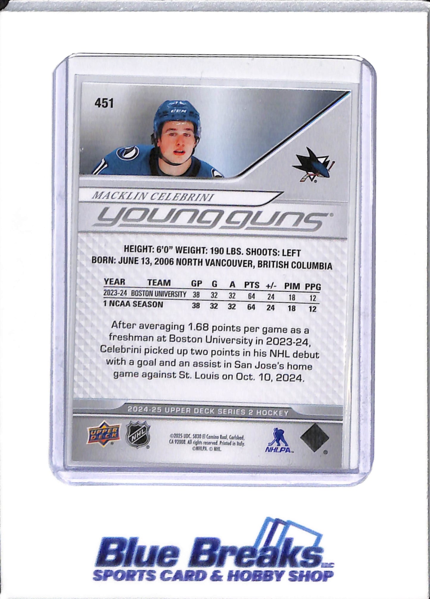 2024-25 Upper Deck - Series 2 - Young Guns - Macklin Celebrini - #451 - hockey - drop