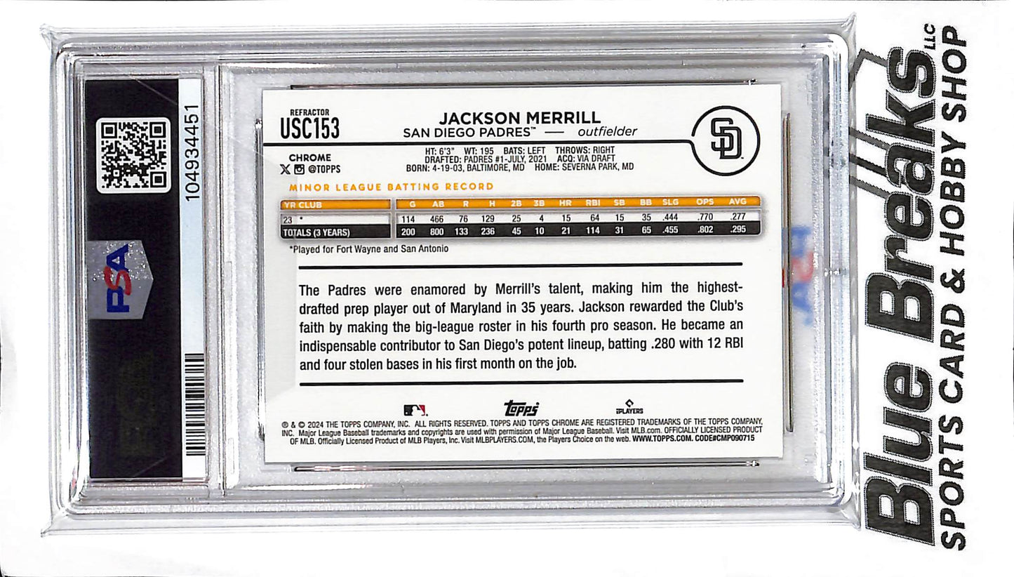 2024 Topps Chrome Update - Prism Refractor - Jackson Merrill - RC - #USC153 - baseball - PSA 10 - Padres