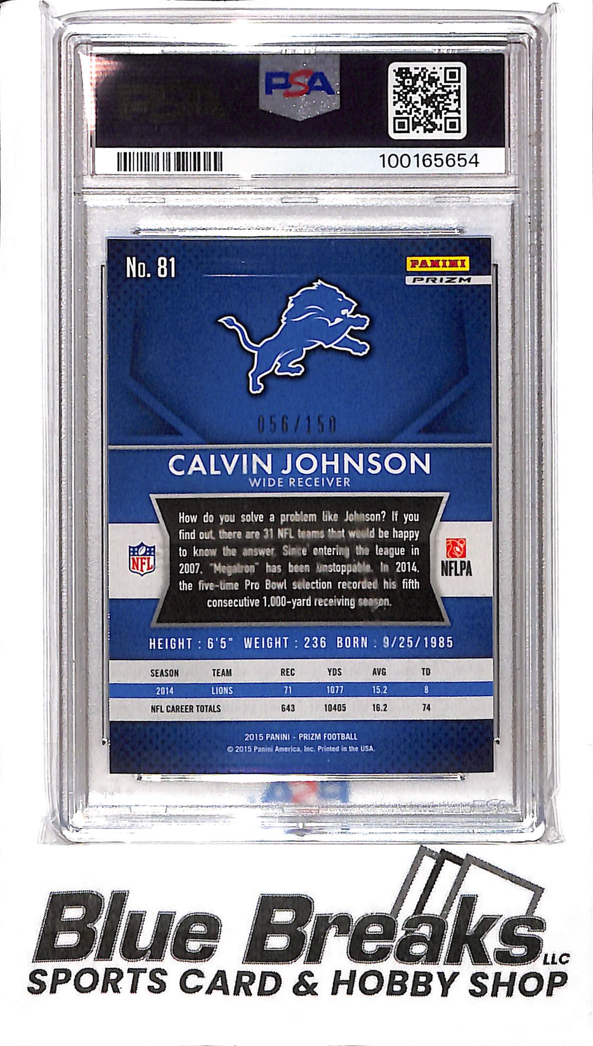 2015 Panini Prizm- Calvin Johnson - #81 - Blue Wave 056/150 - PSA 9 - Football - Lions