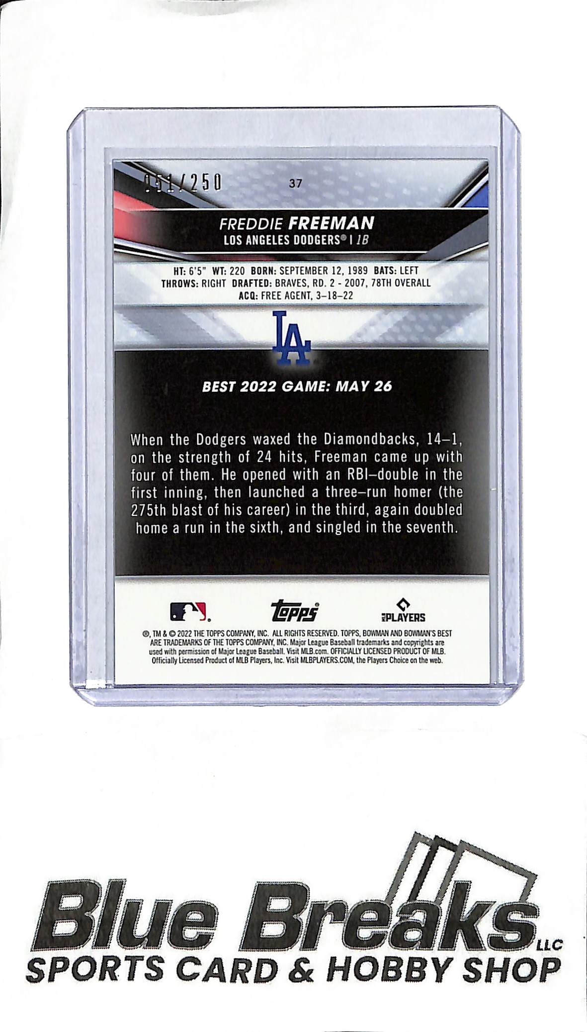 2022 Bowmans Best - Freddie Freeman #37 - Purple 051/250 - Baseball - Dodgers