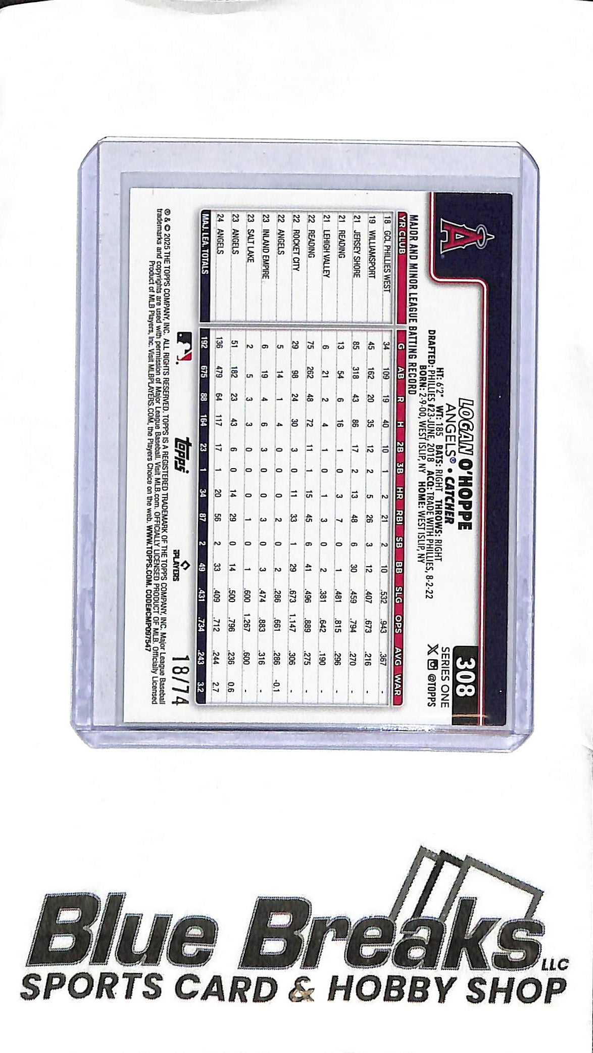 2025 Topps Series One - Logan O'Hoppe #308 - Black Border 18/74 - Baseball - Angels