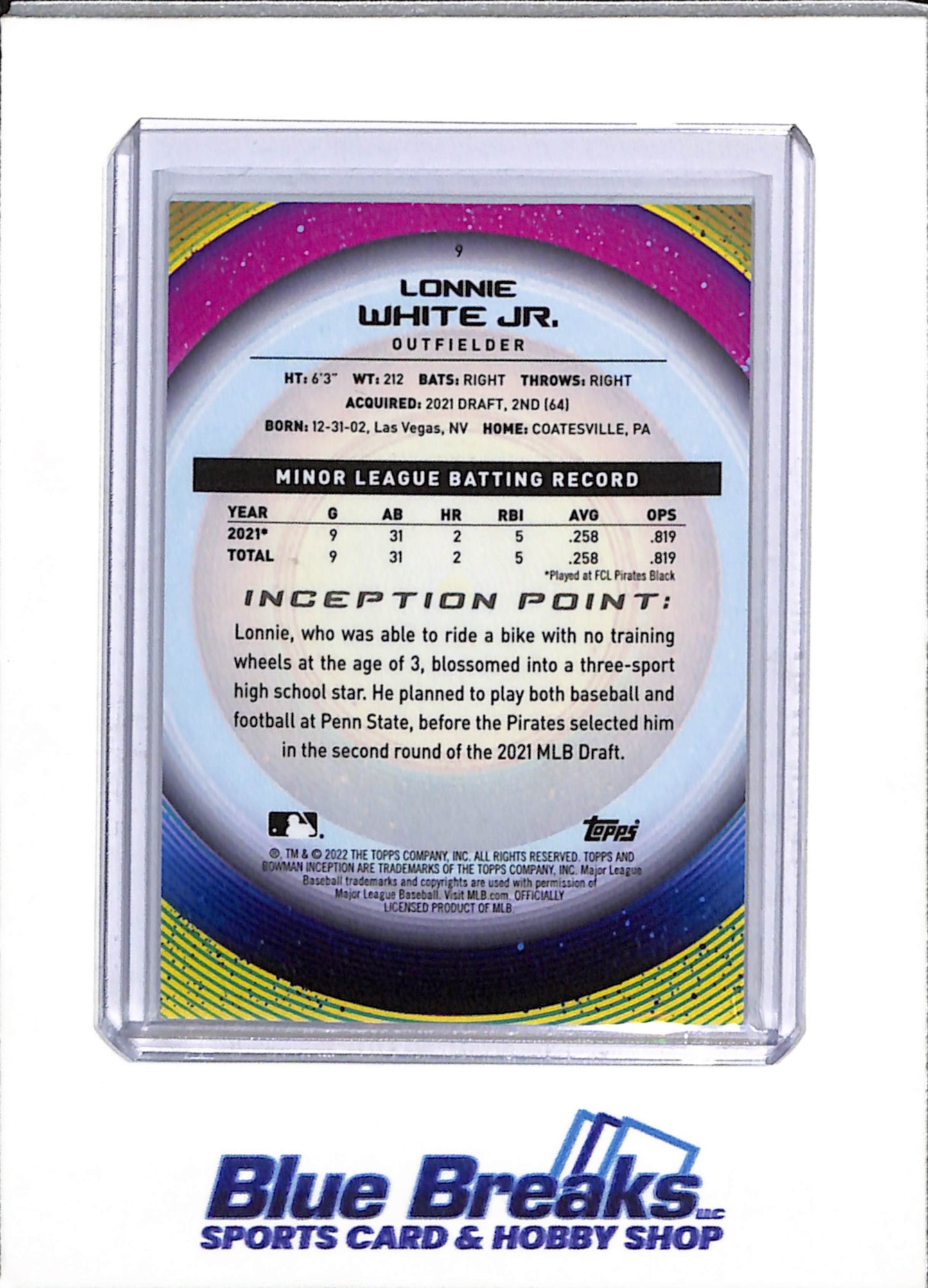 2022 Topps - Bowman - Inception - Orange Parallel - Lonnie White Jr - 25/25 - #9 - Baseball - Pirates
