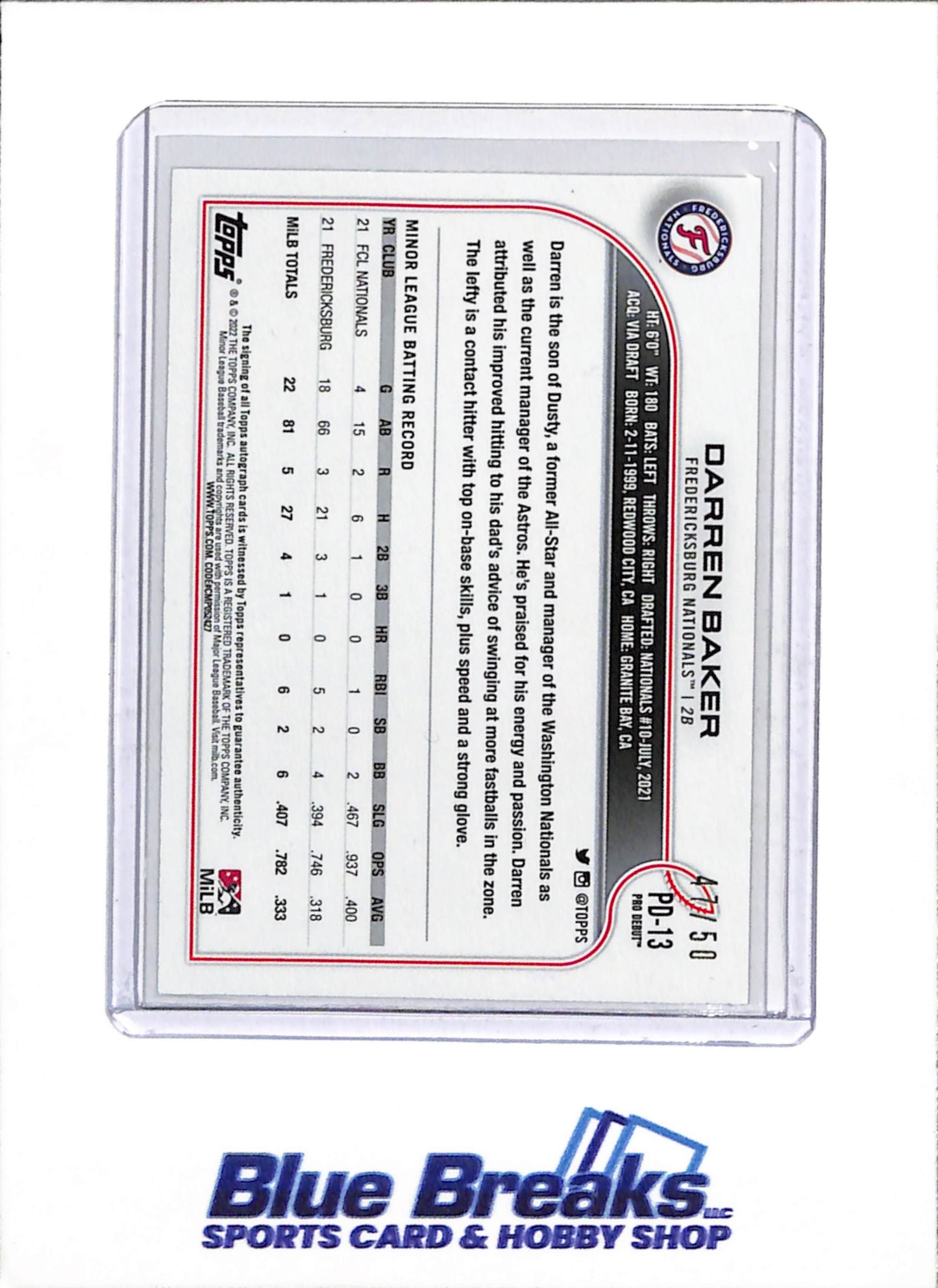 2022 Topps - Pro Debut - Auto - Darren Baker - 47/50 - #PD-13 - Baseball - Nationals