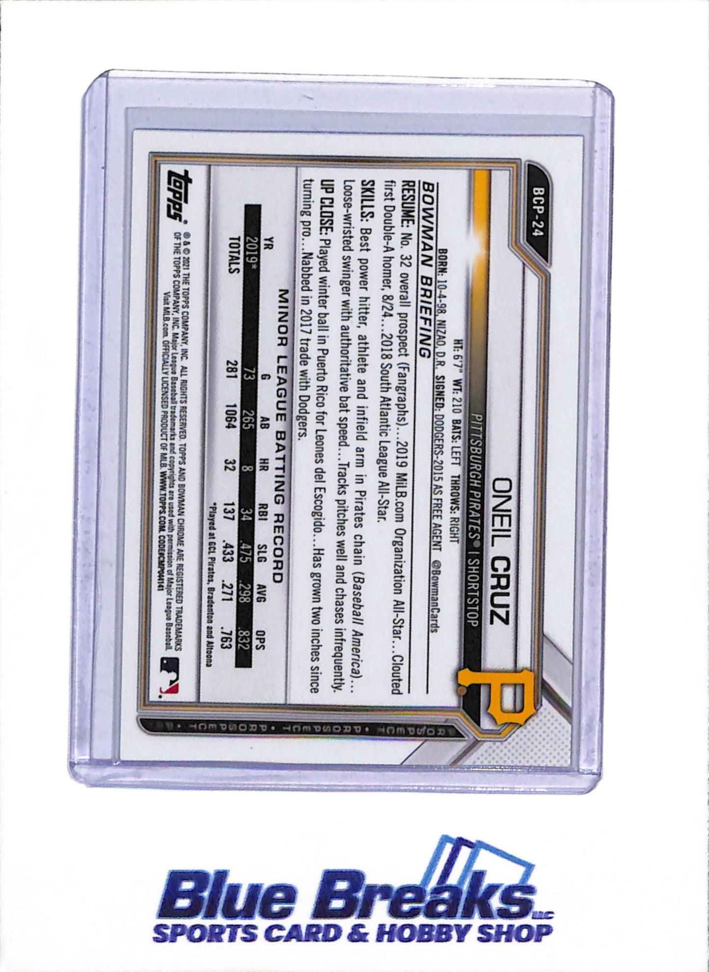 2021 Topps - Bowman Chrome - Blue Etching - Oneil Cruz - 126/150 - #BCP-24 - Baseball - Pirates