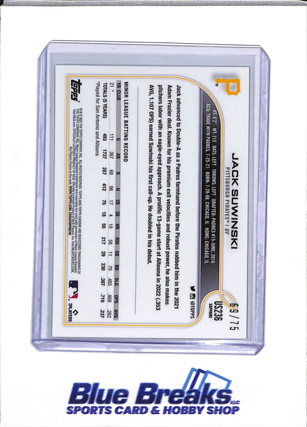 2022 Topps - Chrome - Sapphire Rookie Card - Green - Jack Suwinski - 69/75 - #US236 - Baseball - Pirates