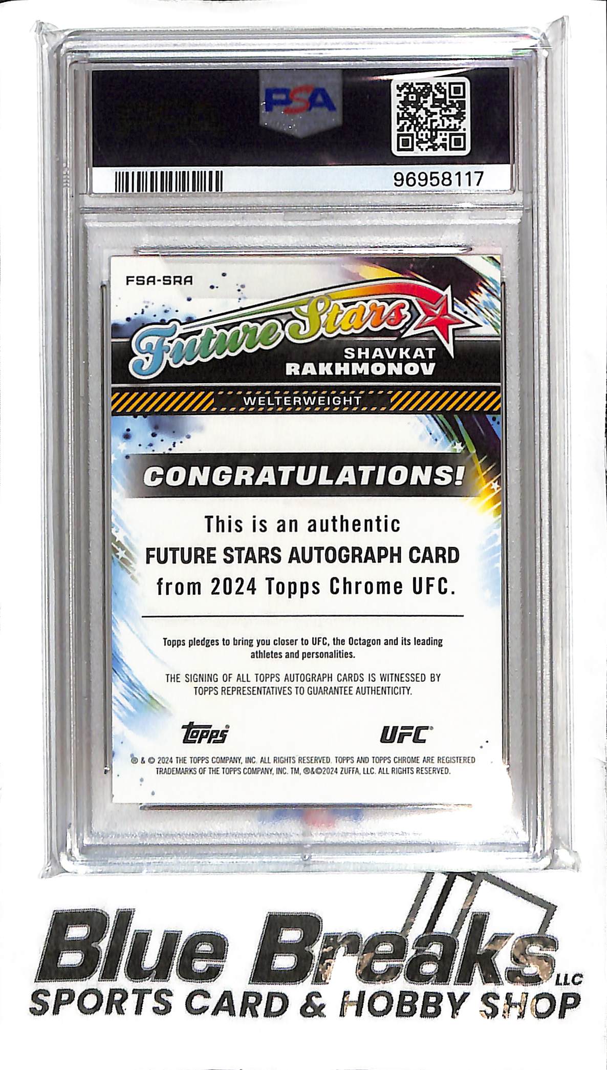2024 Topps Chrome - Shavkat Rakhmonov Auto - PSA Mint 9 - FSA-SRA - Future Stars Orange 21/25 - Fighting - UFC