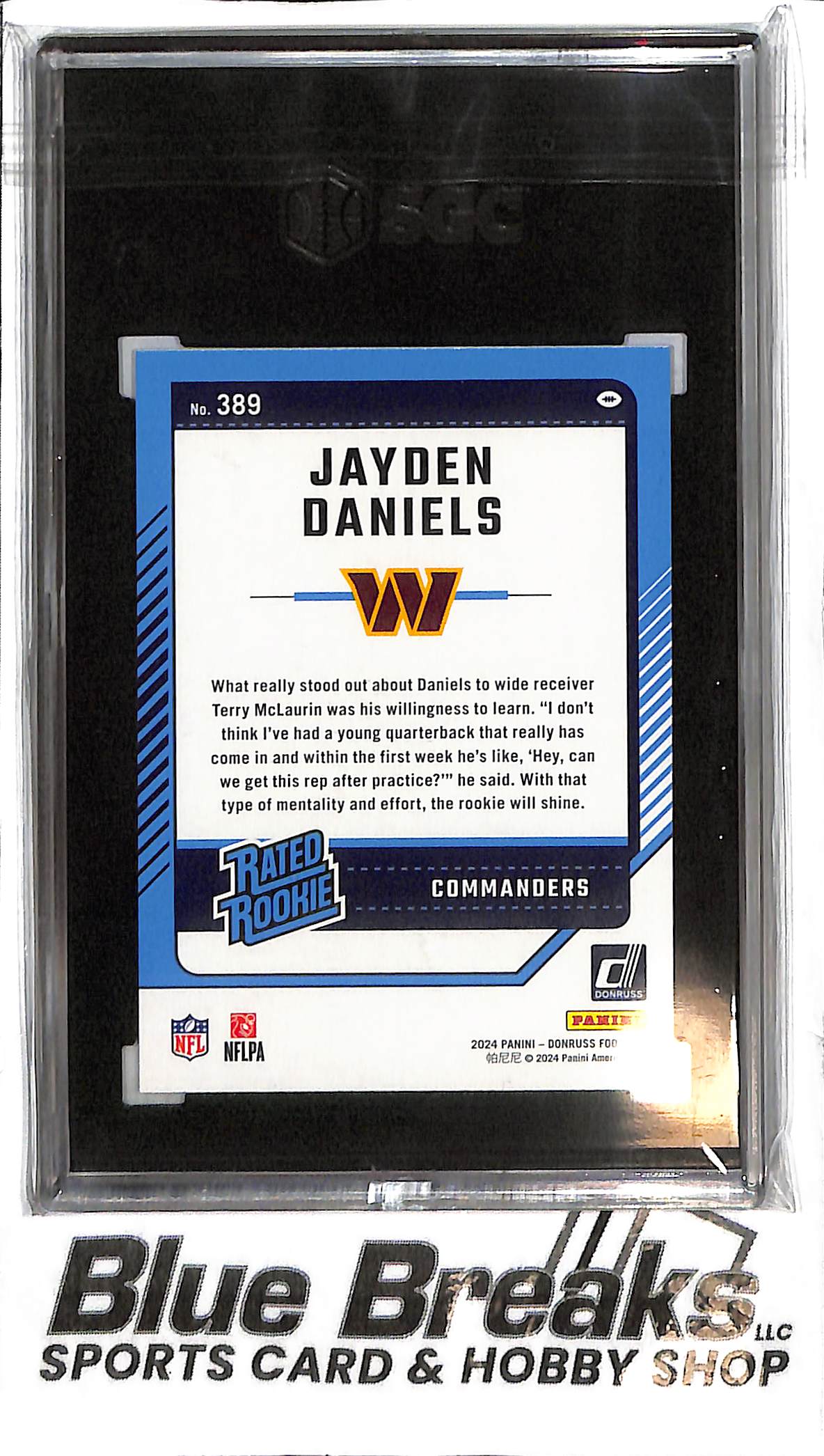 2024 Panini Donruss - Jayden Daniels - SGC Gem Mint 10 - 389 - Blue Press Proof - RC - Football - Commanders