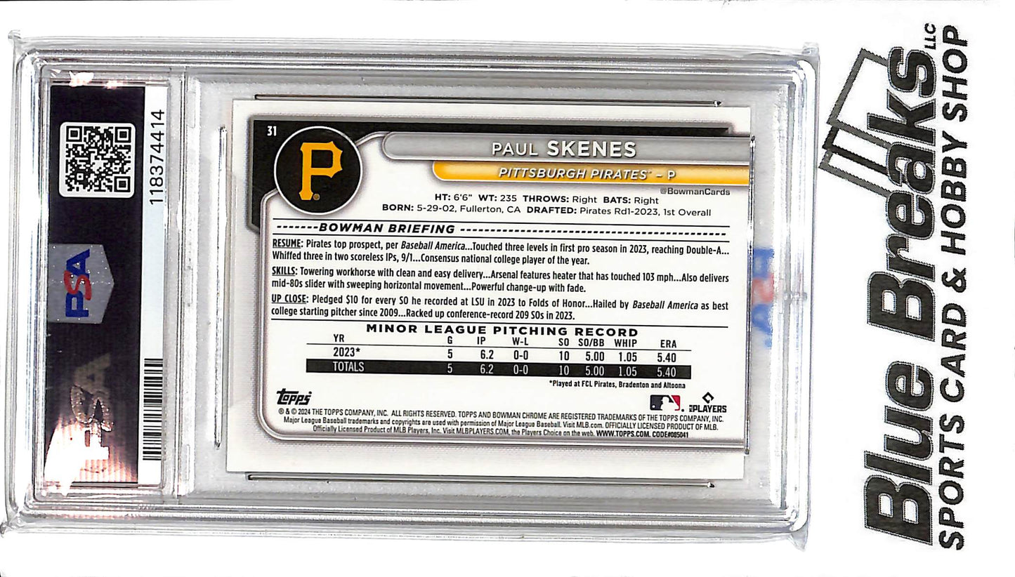 2024 Bowman Chrome - Paul Skenes - Gold refractor - # 31 - PSA 10 - Pittsburgh Pirates