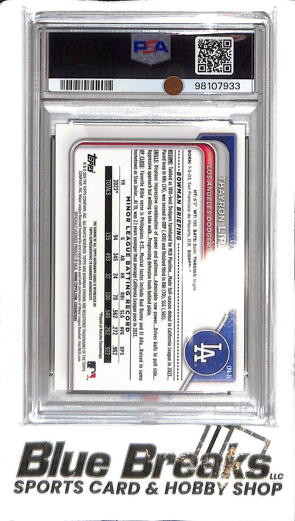 2024 Bowman Chrome - Thayron Liranzo 1st Auto - CPA-TL - PSA 10 - Baseball - Dodgers