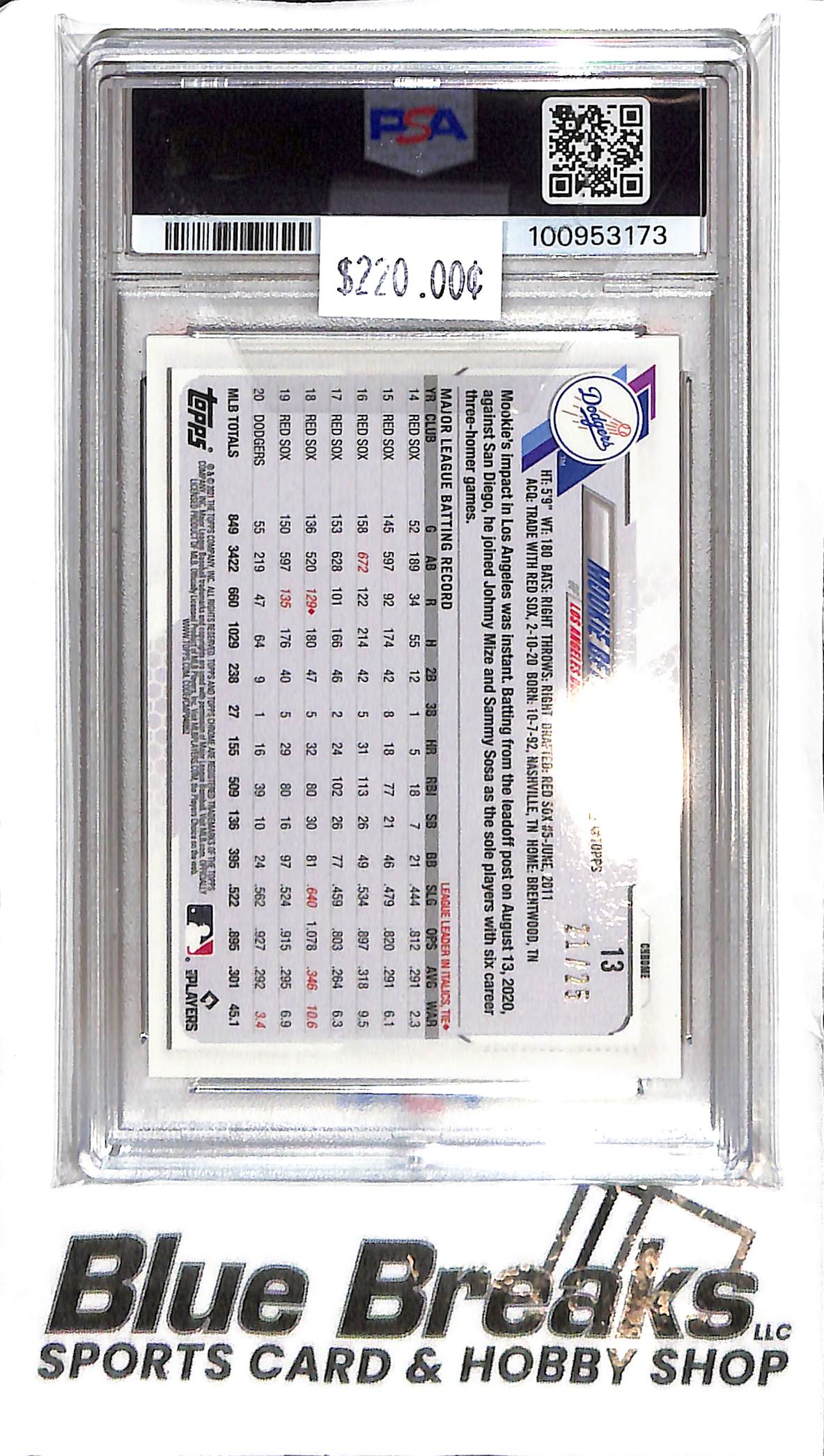 2021 Topps Chrome Sapphire - Mookie Betts #13 - Orange 21/25 - PSA 10 - Baseball - Dodgers