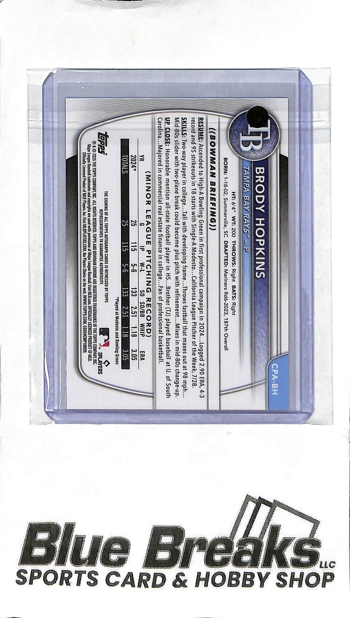 2025 Bowman - Brody Hopkins 1st Bowman Auto - CPA-BH Purple 226/250 - Baseball - Rays