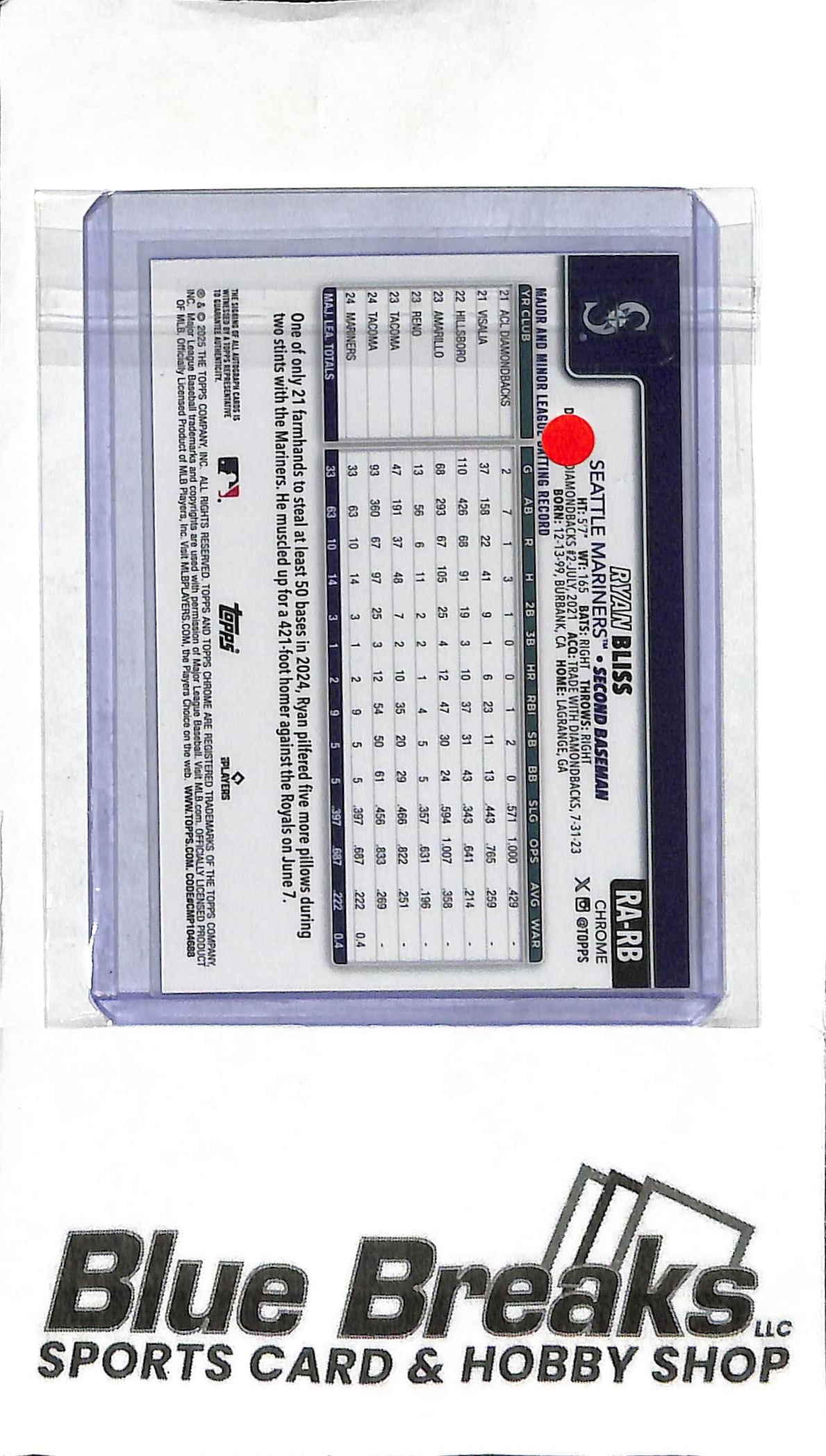 2025 Topps Chrome - Ryan Bliss RC Auto - RA-RB Blue Raywave 008/150 - Baseball - Mariners