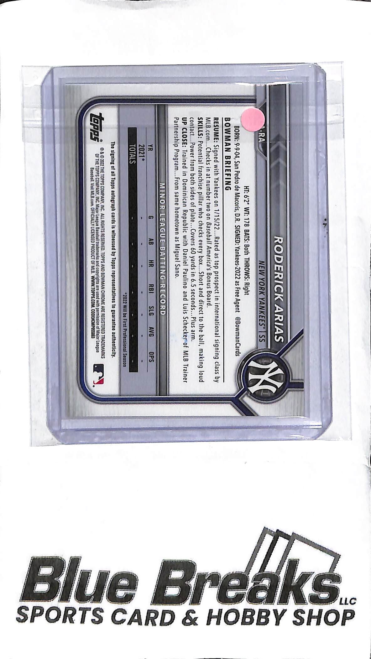 Roderick Arias CPA-RA - 2022 Bowman 1st Auto - Baseball - Yankees