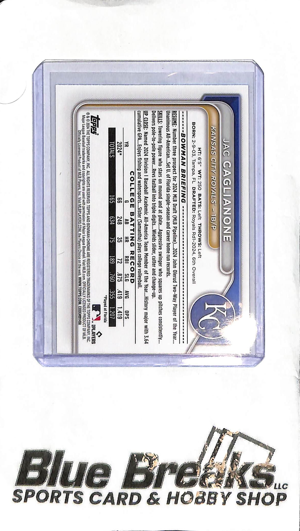 Jac Caglianone BDC-8 - 2024 Bowman Sapphire - 1st Bowman - Baseball - Royals