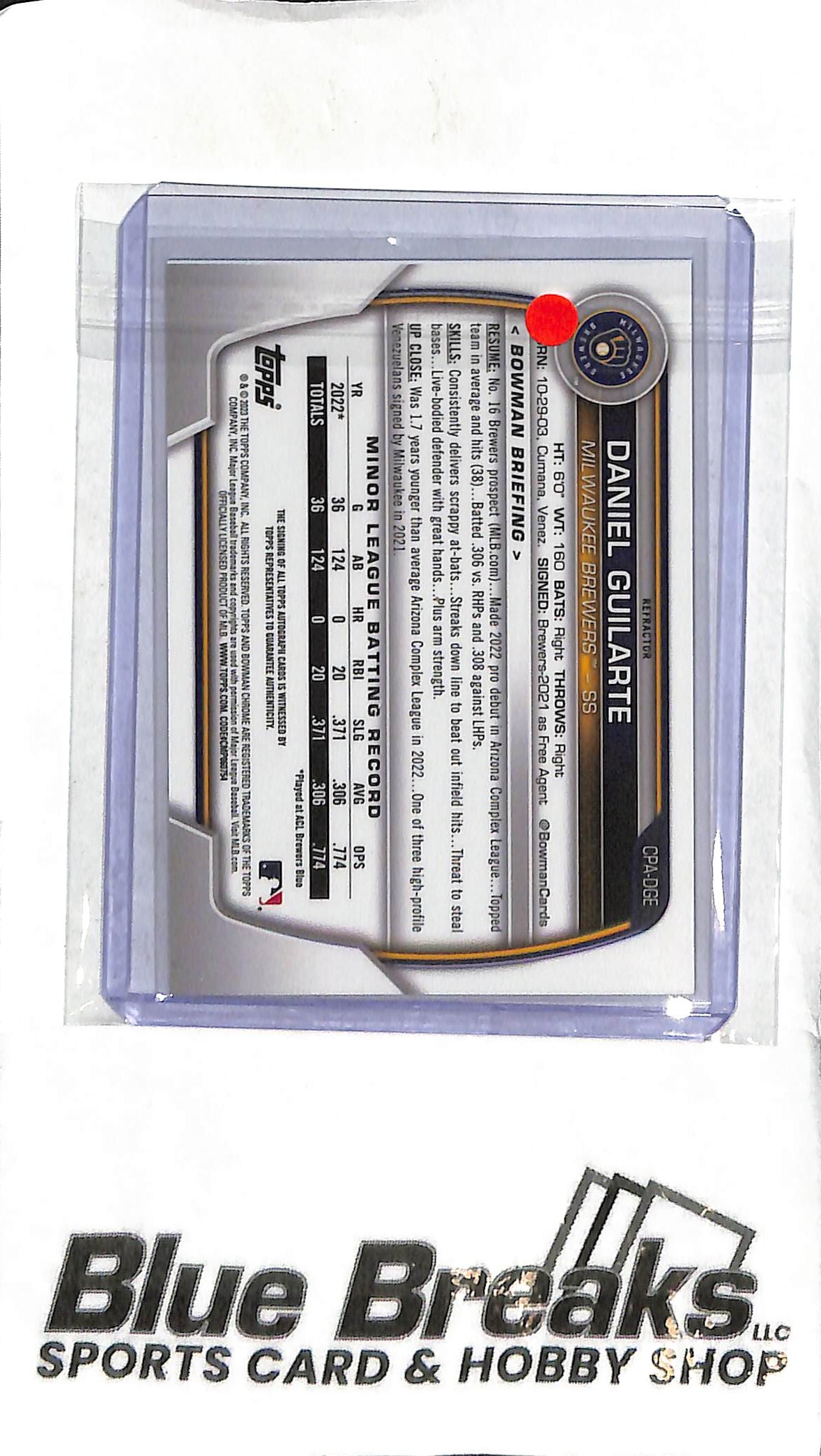 Daniel Guilarte CPA-DGE - 2023 Bowman - 1st Auto Refractor 048/499 - Baseball - Brewers