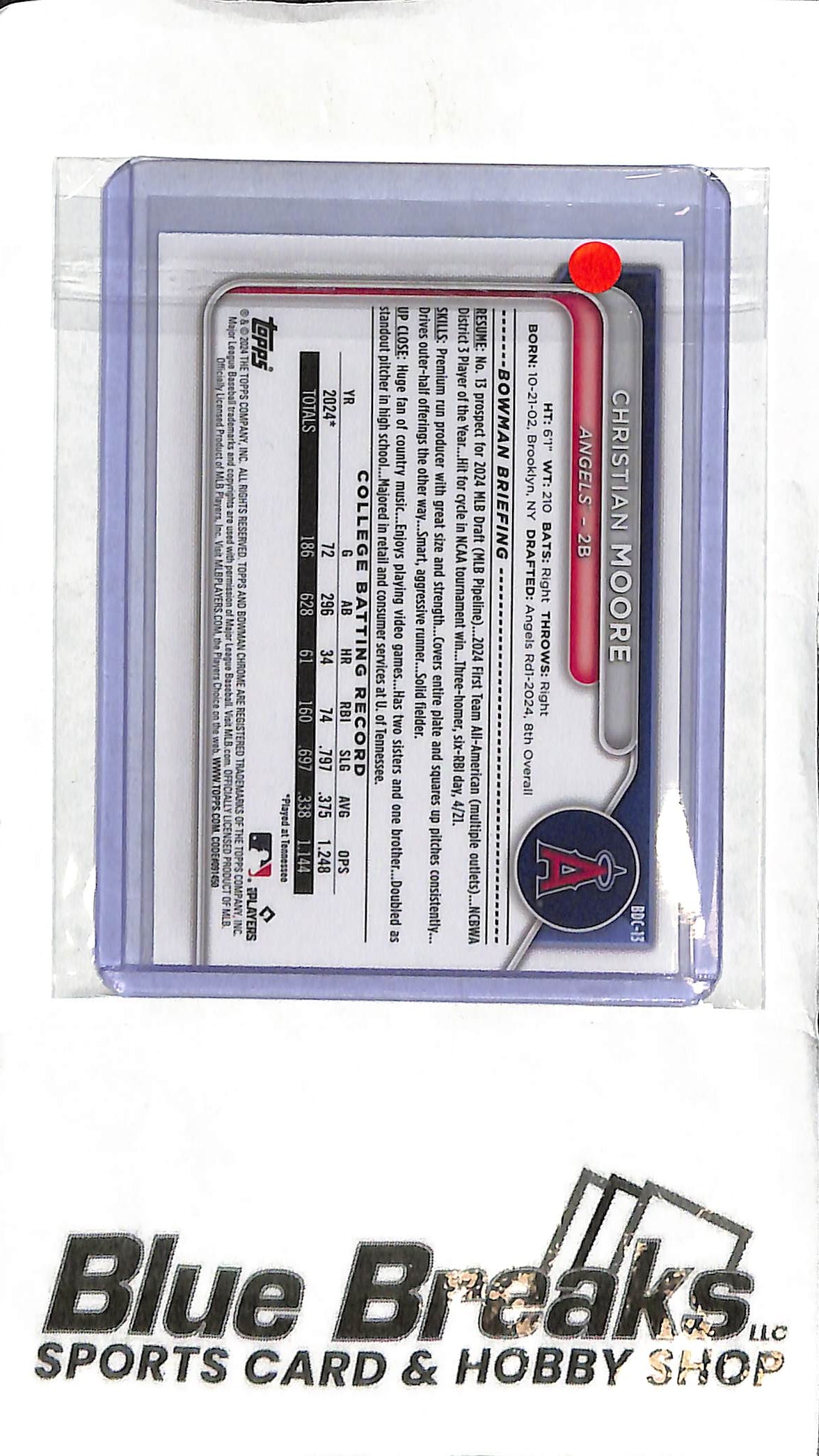 Christian Moore BDC-13 - 2024 Bowman Sapphire - 1st Base - Baseball - Angels