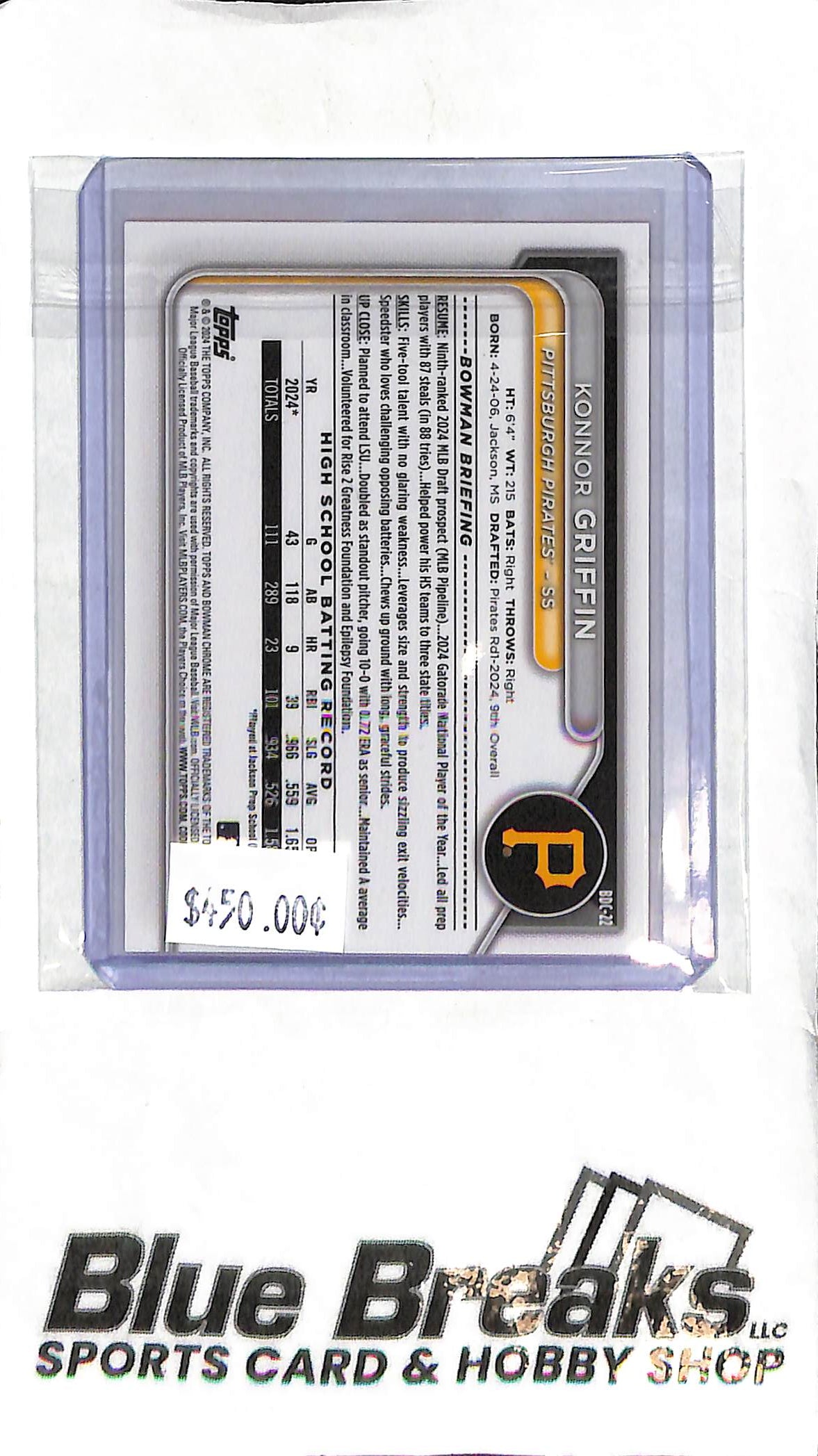 Konnor Griffin BDC-22 - 2024 Bowman Sapphire - 1st Orange 25/25 - Baseball - Pirates