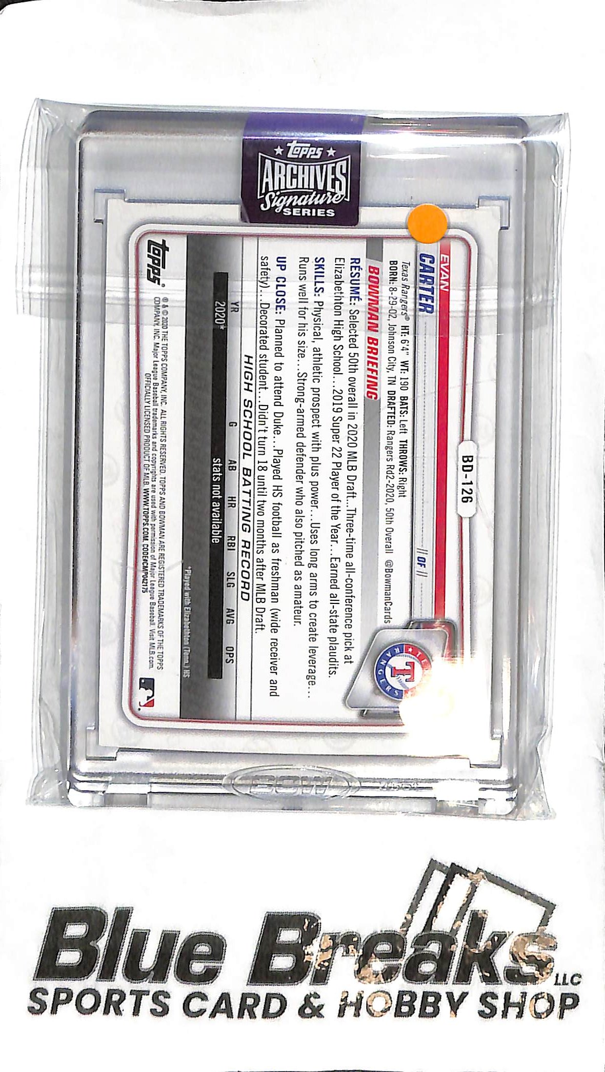 Evan Carter - 2025 Topps Archives Signature - 1st Bowman - Auto - 20/30 - Baseball - Rangers