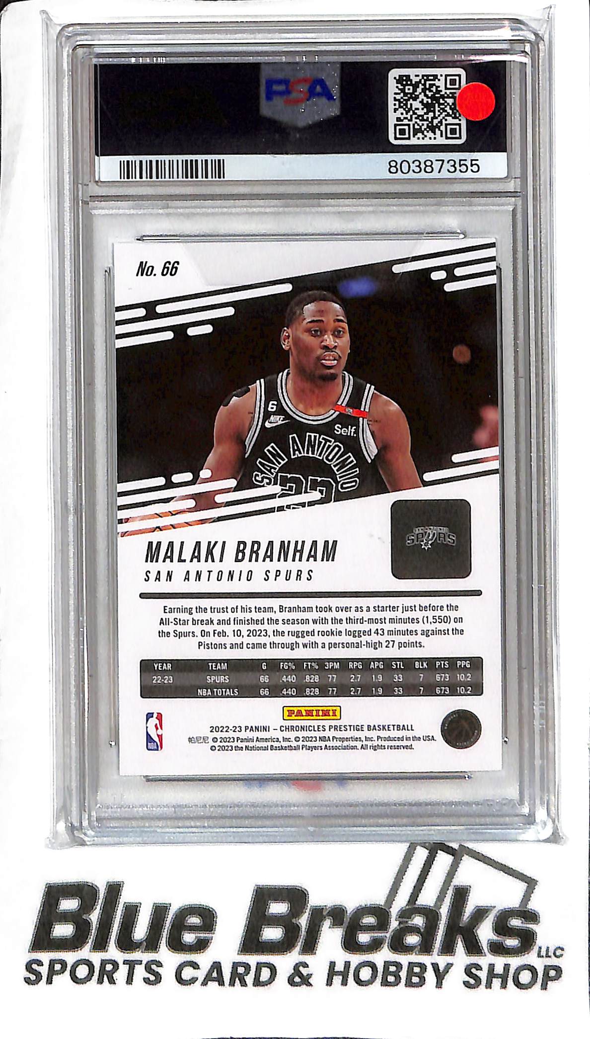 Malaki Branham #66 - 2022 Chronicles - RC - PSA 8 - Basketball - Spurs