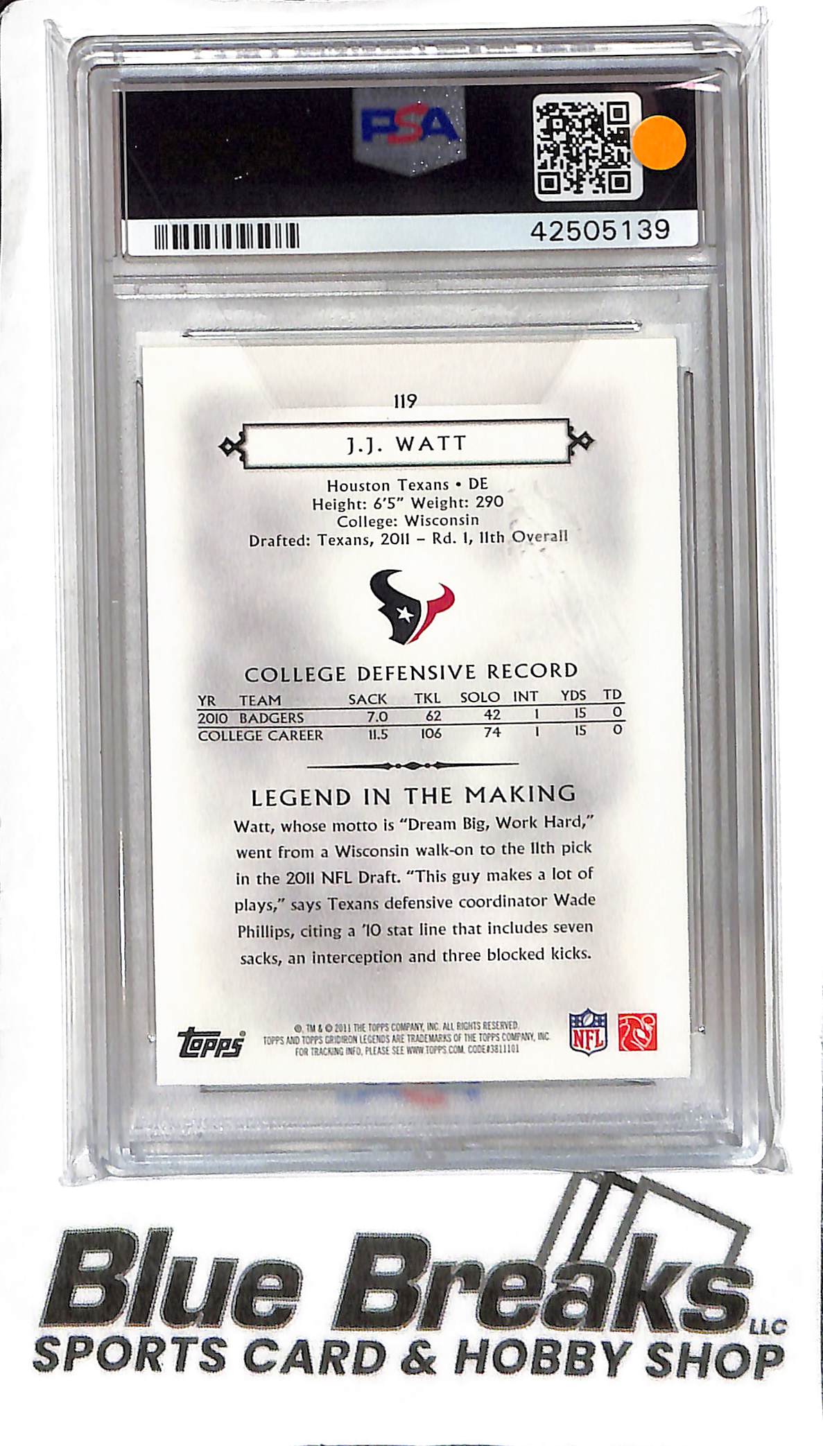 JJ Watt #119 - 2011 Topps Gridiron Legends - RC - PSA 9 - Football - Texans