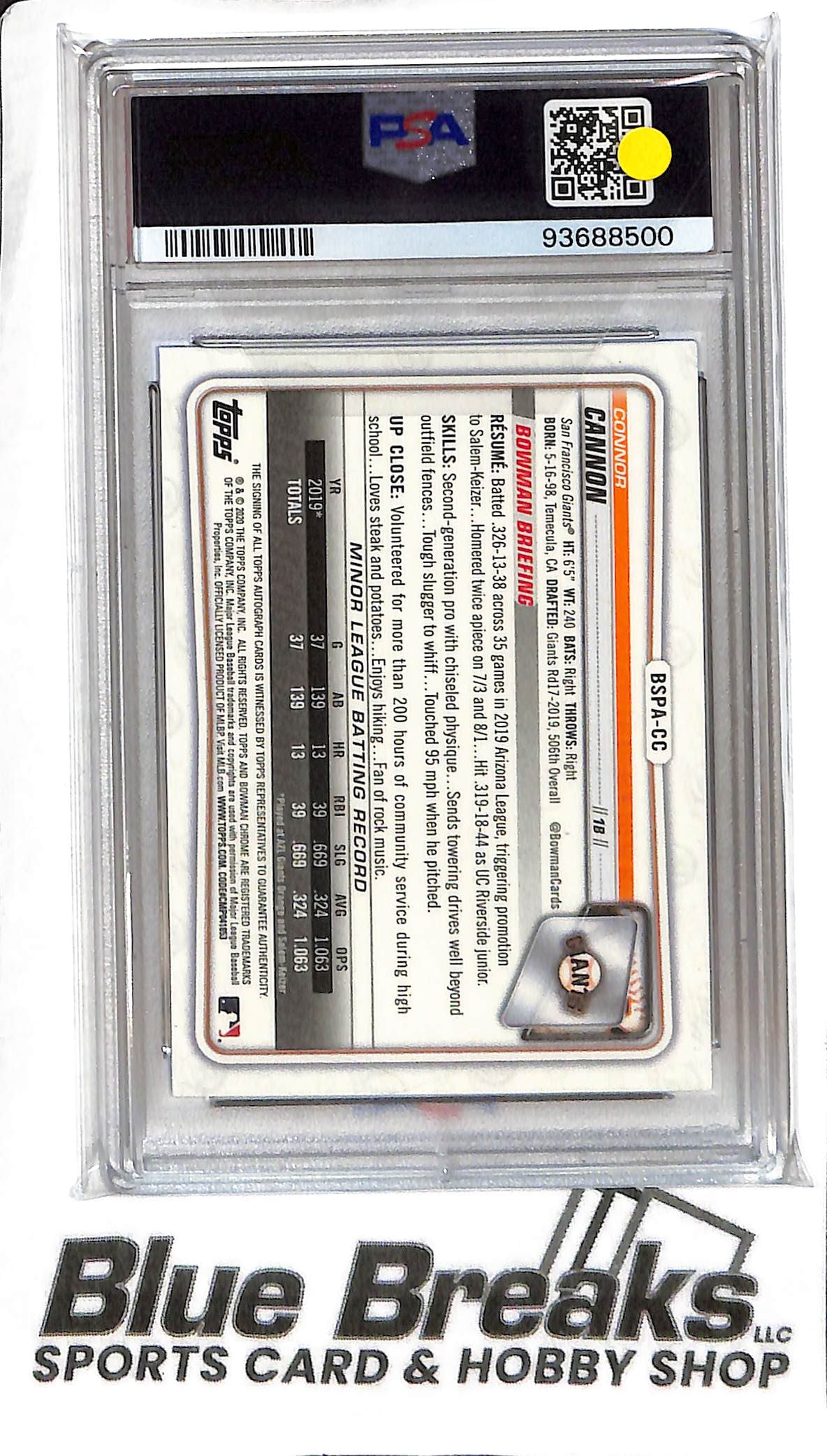 Connor Cannon BSPA-CC - 2020 Bowman Chrome - 1st Auto Sapphire - PSA 9 - Baseball - Giants