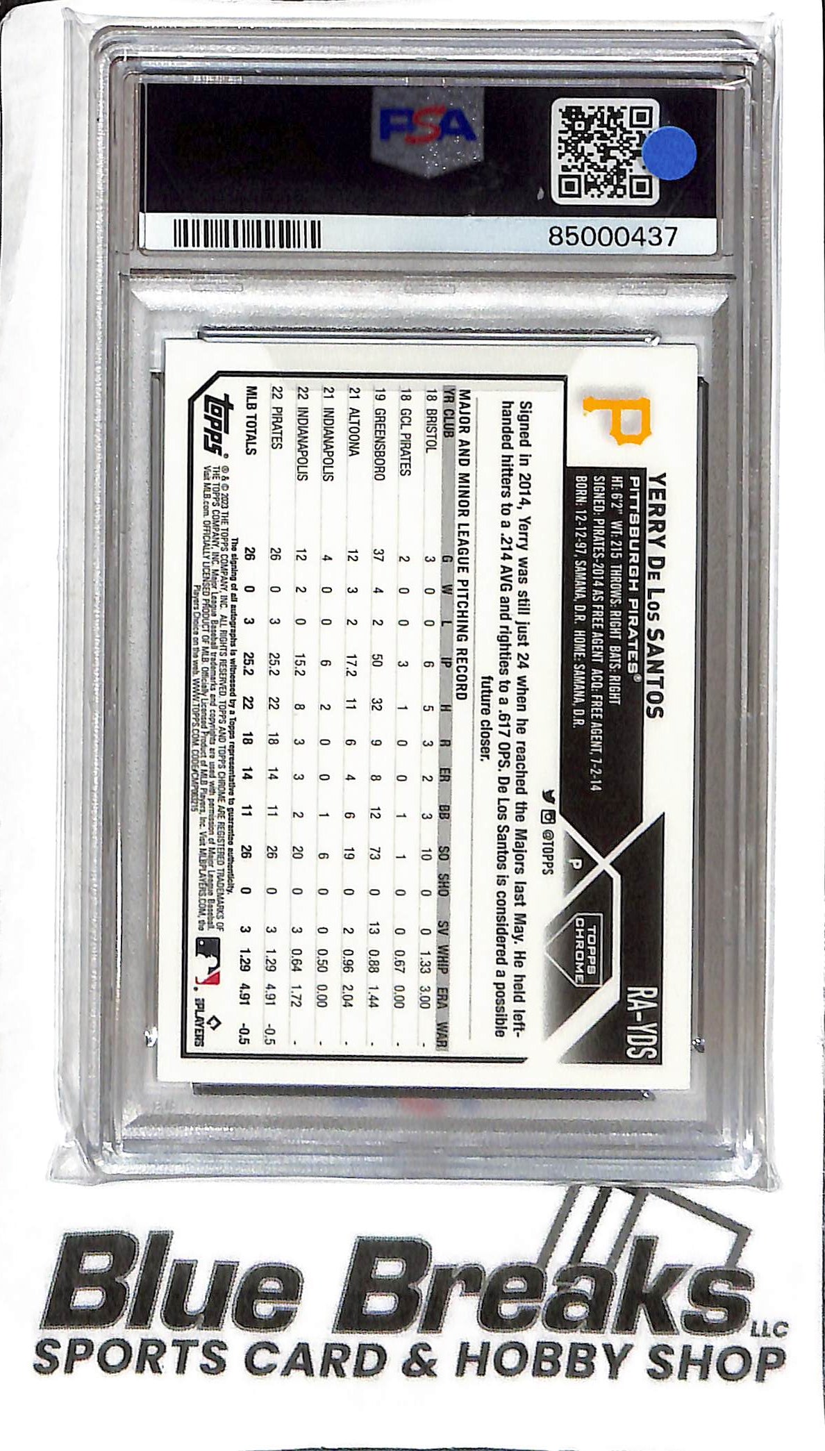 Yerry De Los Santos RA-YDS - 2023 Topps Chrome Update - RC Auto B&W Mini Diamond - PSA 10 - Baseball - Pirates