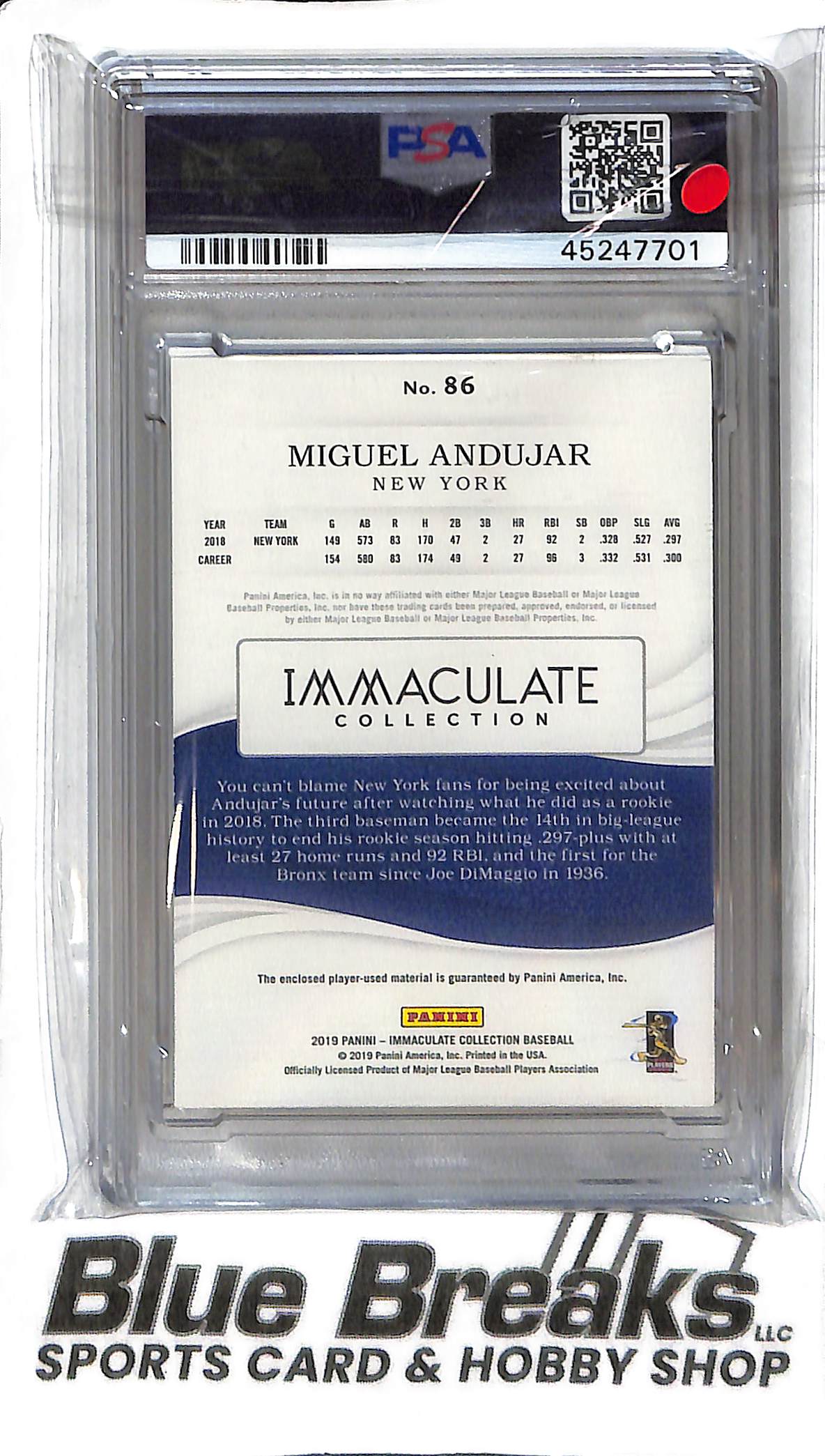 Miguel Andujar #86 - 2019 Panini Immaculate - Patch Red 49/49 - PSA 8 - Baseball - Yankees