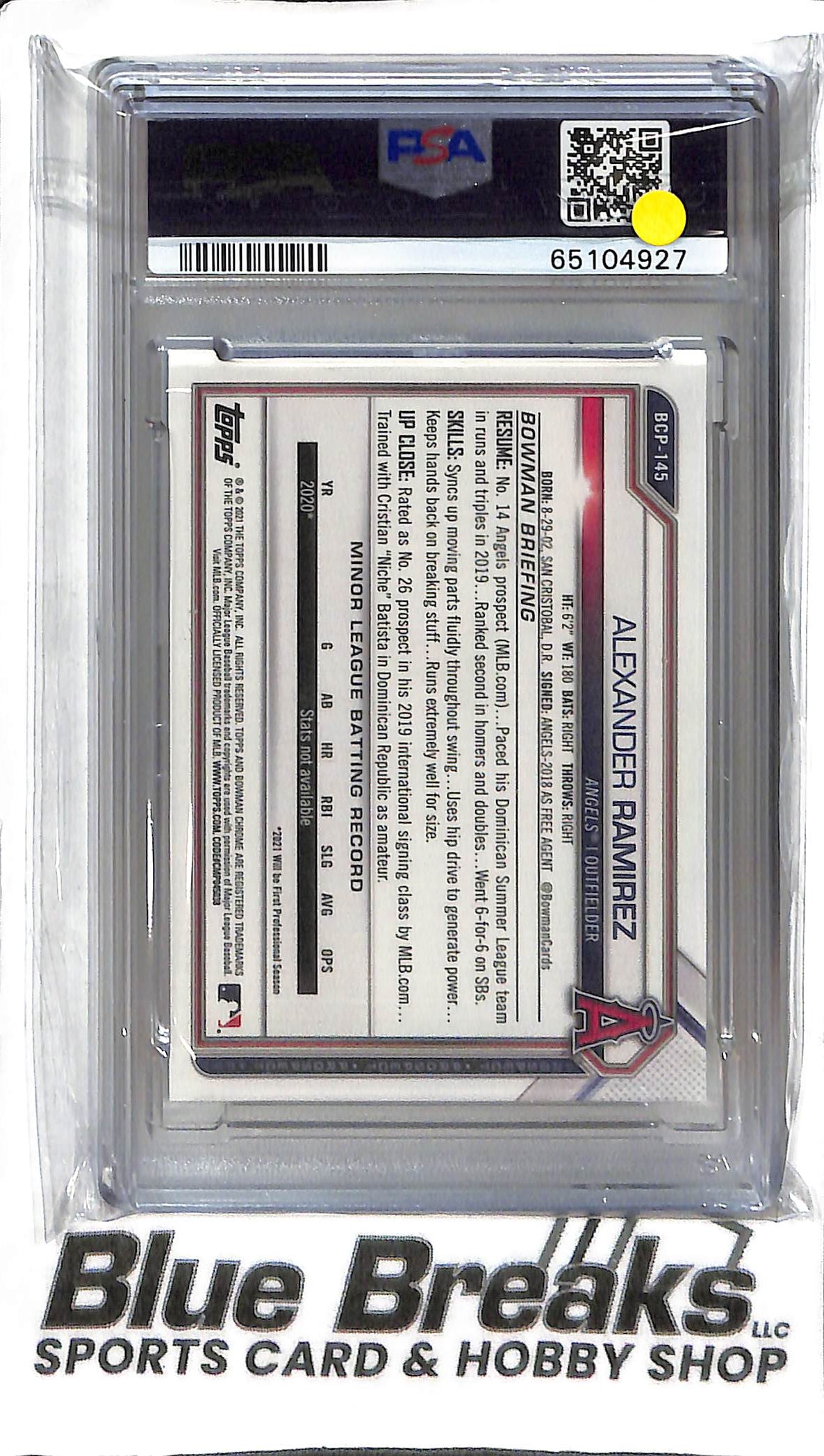 Alexander Ramirez BCP-145 - 2021 Bowman Sapphire - 1st Aqua 26/99 - PSA 9 - Baseball - Angels