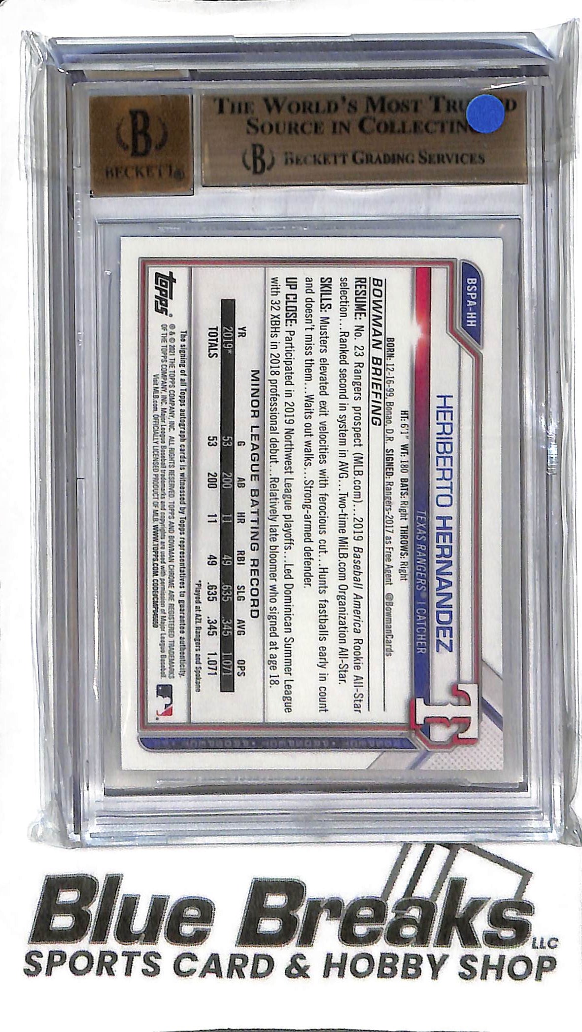 Heriberto Hernandez BSPA-HH - 2021 Bowman Sapphire - 1st Auto Aqua 27/99 - BGS 9.5 - Baseball - Rangers