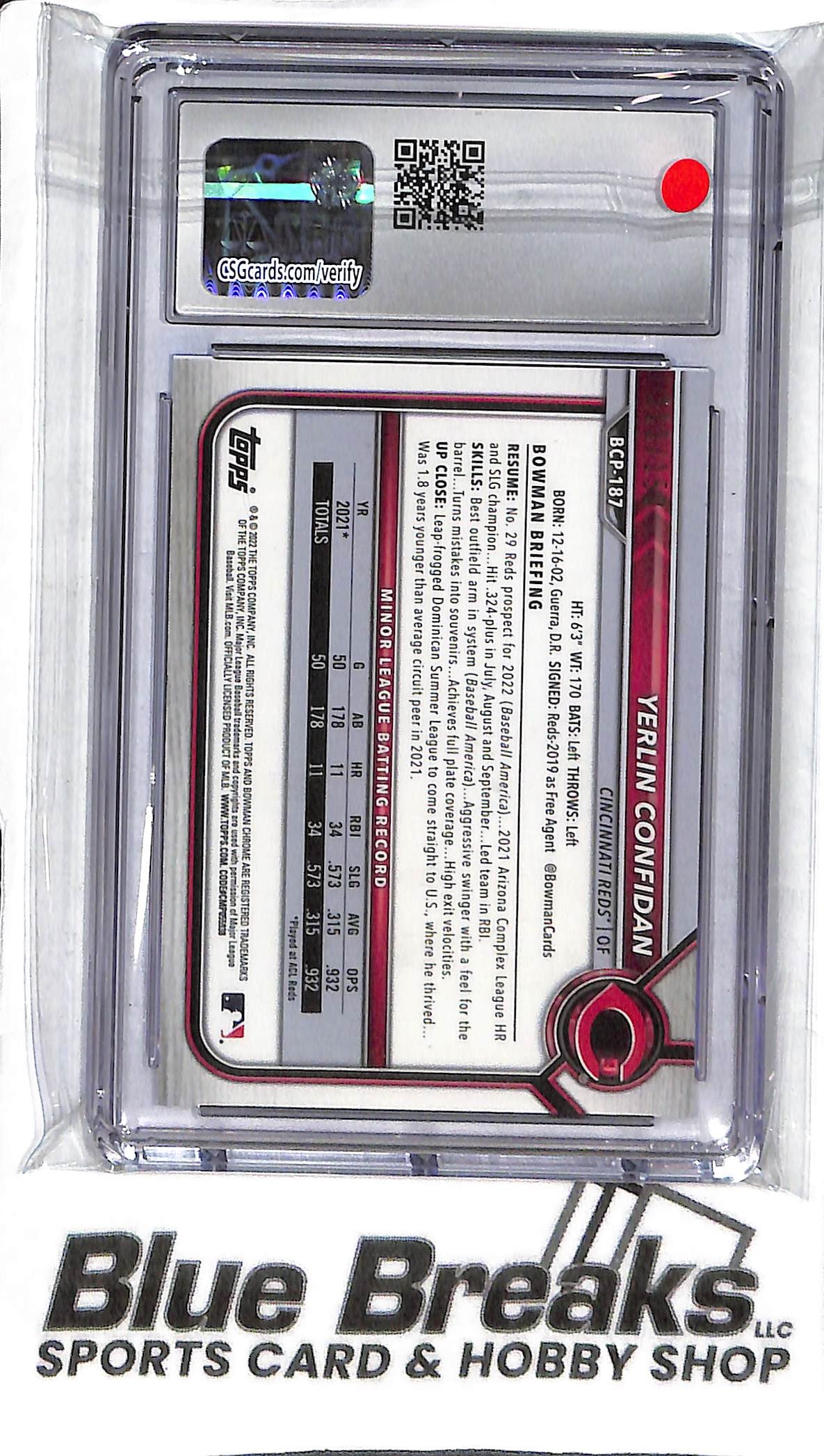 Yerlin Confidan BCP-187 - 2022 Bowman Chrome Mega - 1st Bowman Blue 111/150 - CSG 8.5 - Baseball - Reds