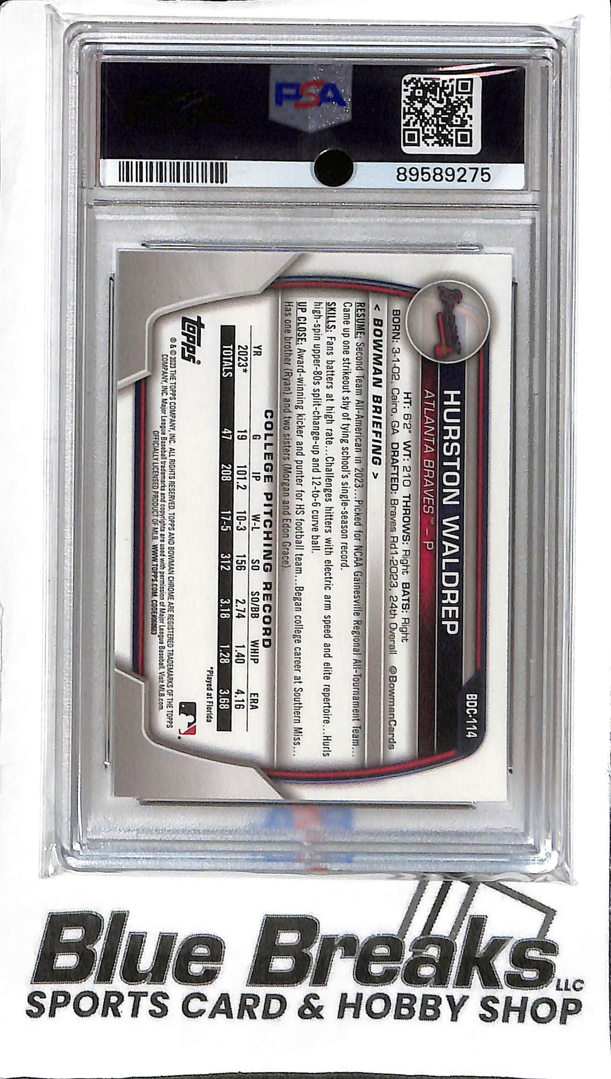 Hurston Waldrep BDC-114 - 2023 Bowman Draft - 1st Chrome - PSA 10 - Baseball - Braves