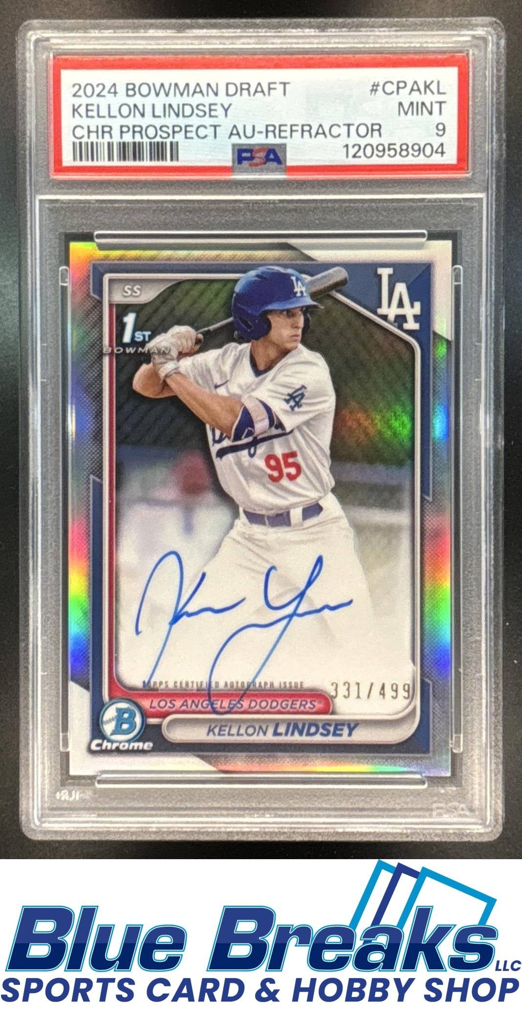 2024 Bowman Draft Kellon Lindsey #CPA-KL Chrome Auto Refractor 331/499 1st Prospect PSA 9 Los Angeles Dodgers