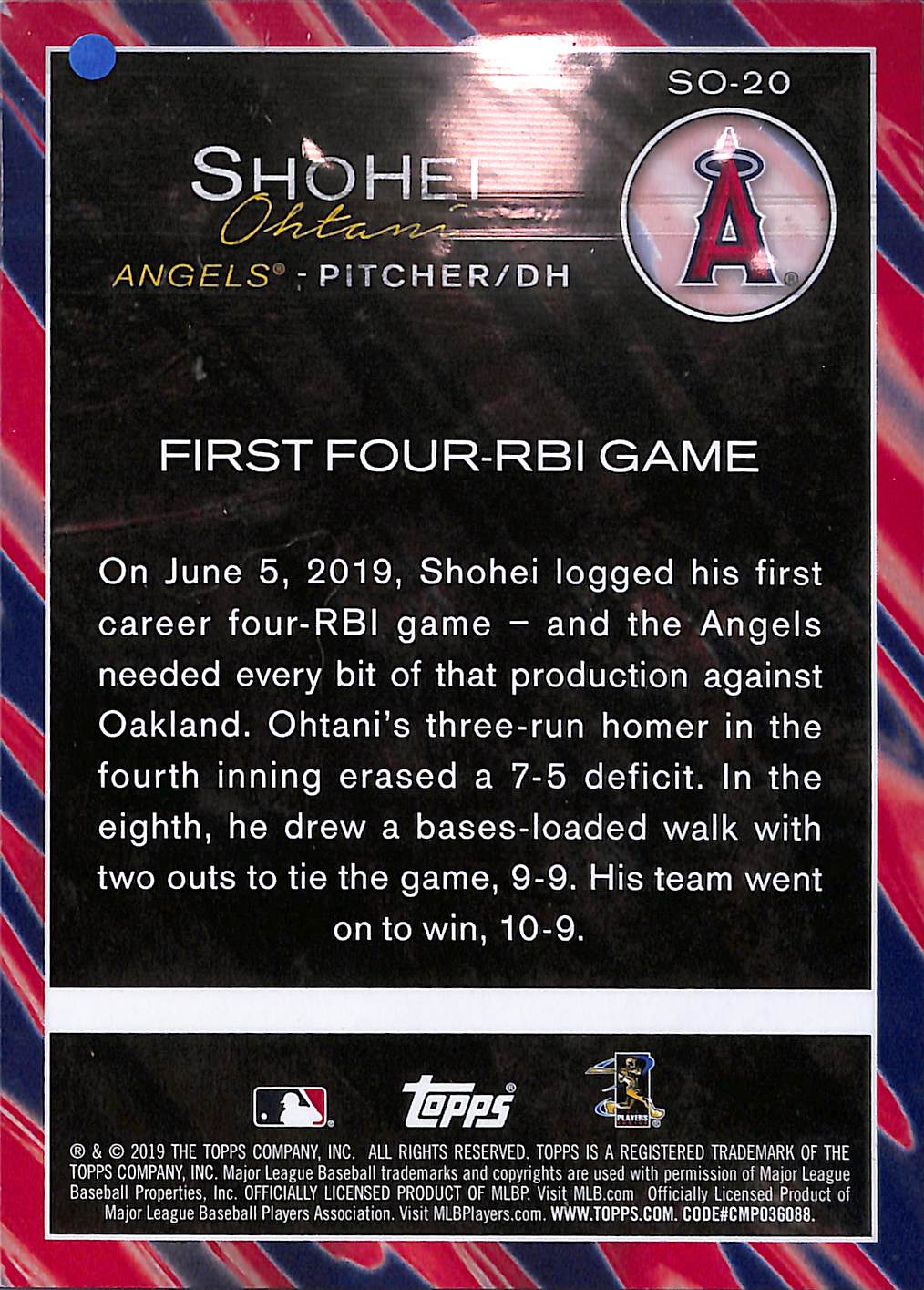Shohei Ohtani SO-20 - 2019 Topps - Oversized 03/49 - First Four-RBI Game - Baseball - Angels