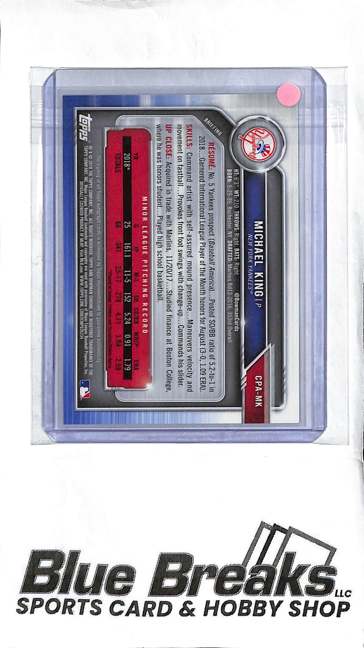 Michael King CPA-MK - 2016 Bowman Chrome - 1st Auto - Prospect - Baseball - Yankees - Padres