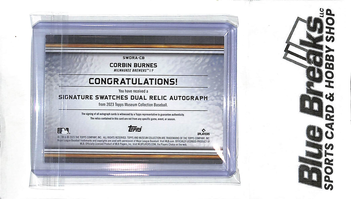 2023 Topps Museum Collection - Signature Swatches Dual Relic - Corbin Burns - 18/25 - #SWDRA-CB - baseball - Brewers
