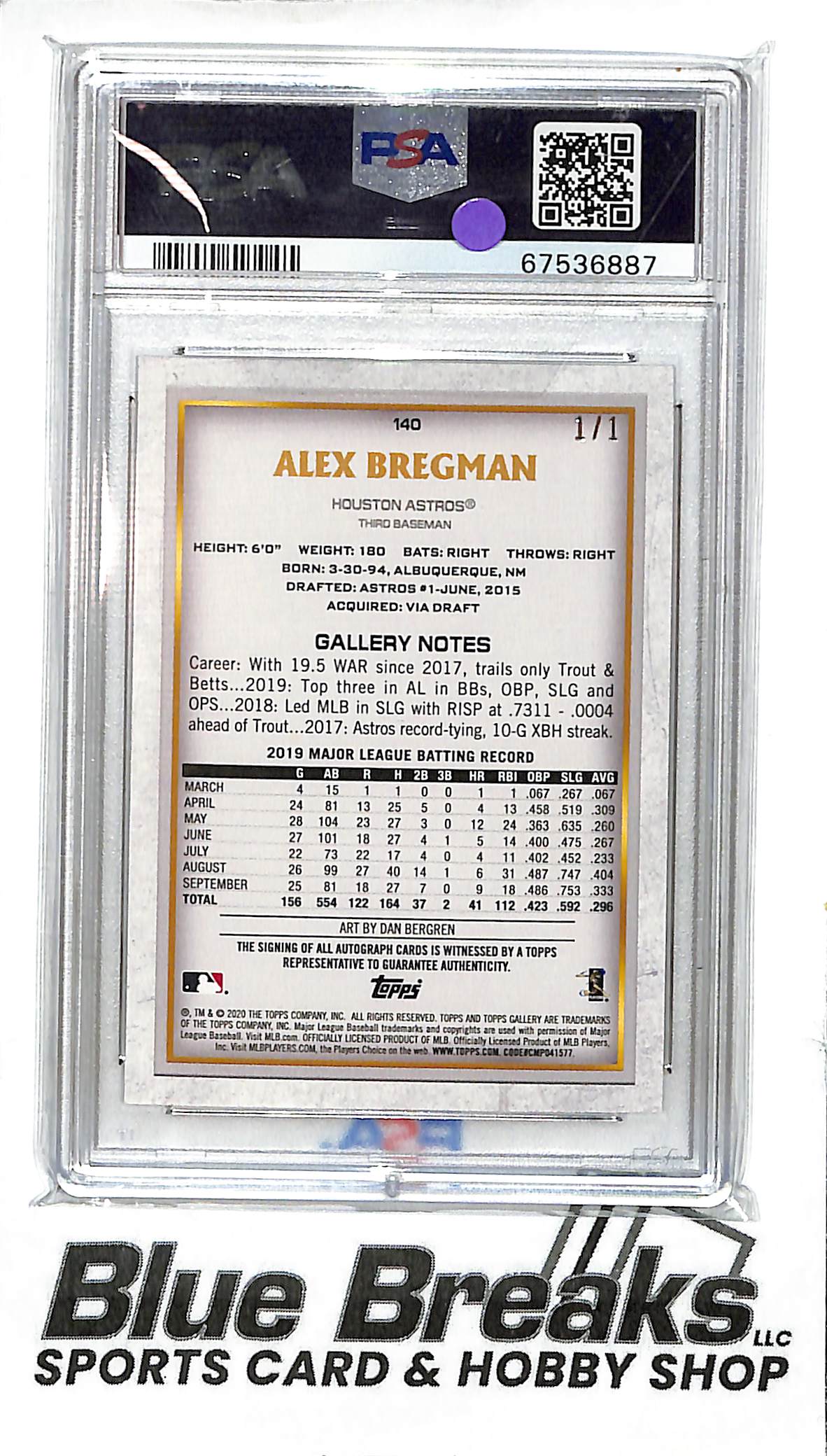 2020 Topps Gallery - red - Alex Bregman - auto - 1/1 - #140 - PSA 9 - baseball - Astros