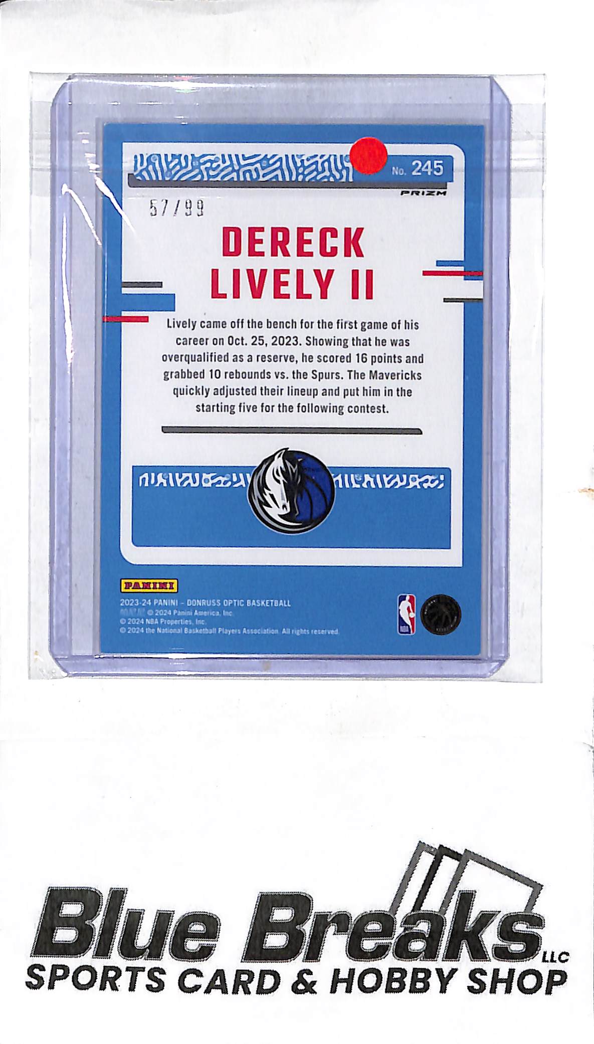 2023-24 Panini - Donruss Optic - fast break purple - Rated Rookie - Dereck Lively II - 57/99 - #245 - basketball - Mavericks