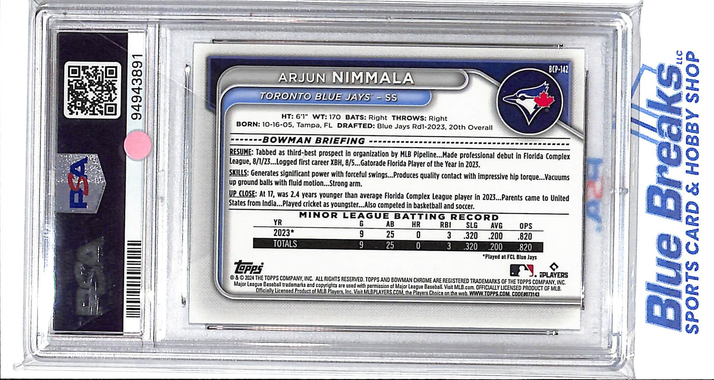 2024 Bowman - 1st Bowman - Chrome Prospects - Speckle Refractor - Arjun Nimmala - 170/299 - #BCP-142 - PSA 9 - baseball - Blue Jays