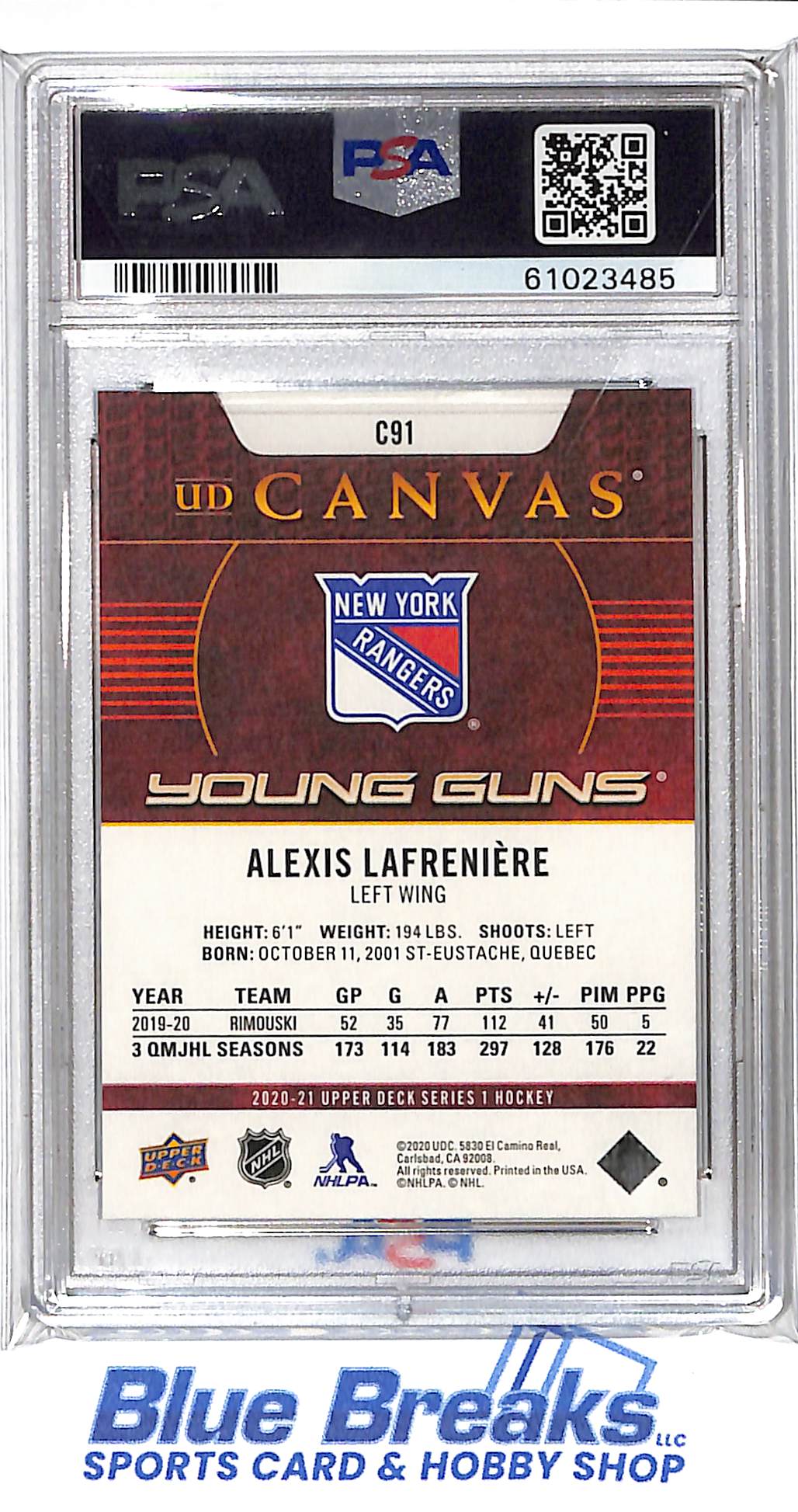 2020 Upper Deck - UD Canvas - Young Guns - Alexis Lafreniere - #C91 - PSA 10 - hockey - Rangers