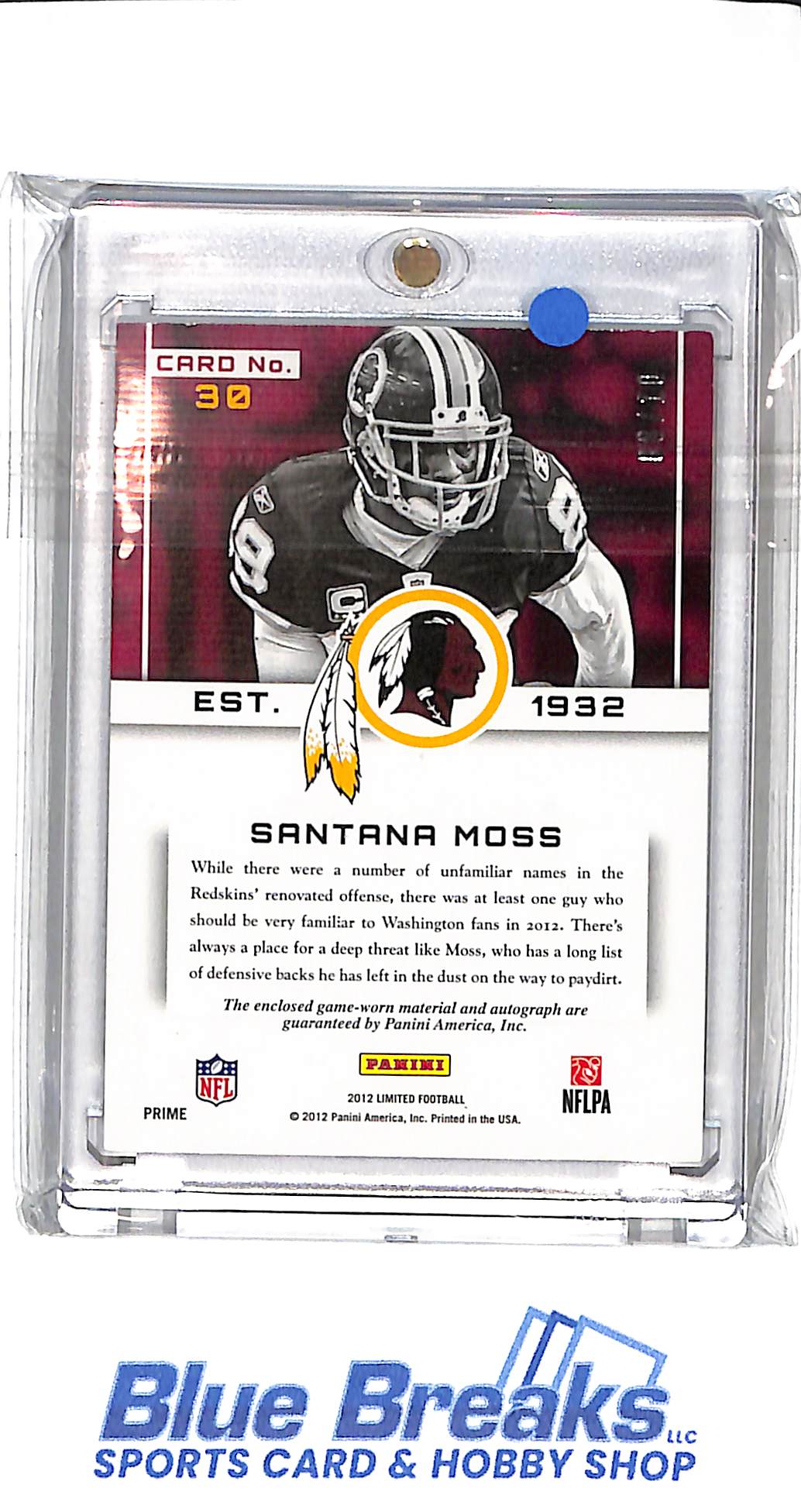 2012 Panini Limited - Santana Moss - #30 - Washington Redskins - 08/10 Patch - Relic - Auto