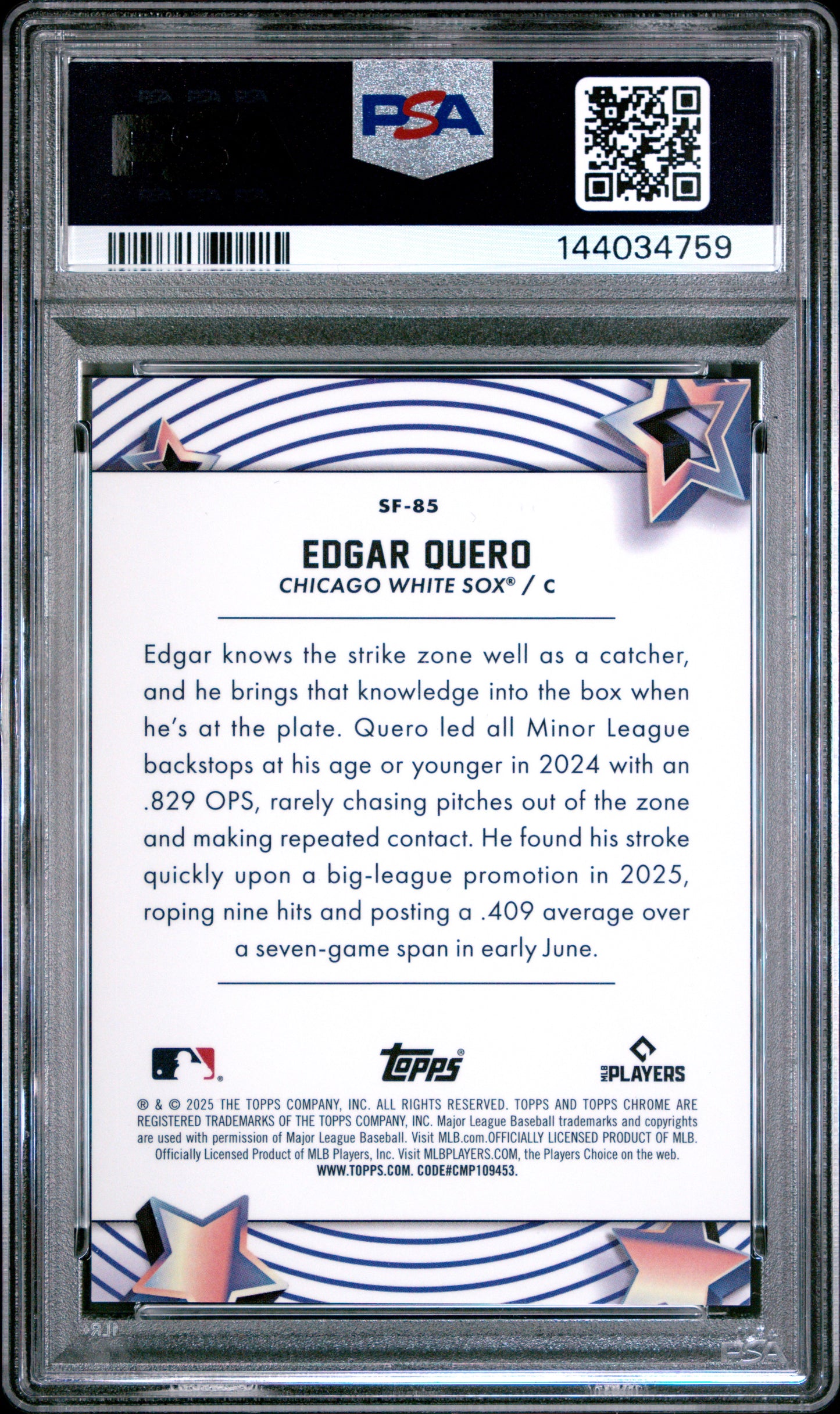 2025 Topps - Cosmic Chrome - Starfractor - black refractor - Edgar Quero - 02/10 - RC - #85 - PSA 10 - baseball - White Sox