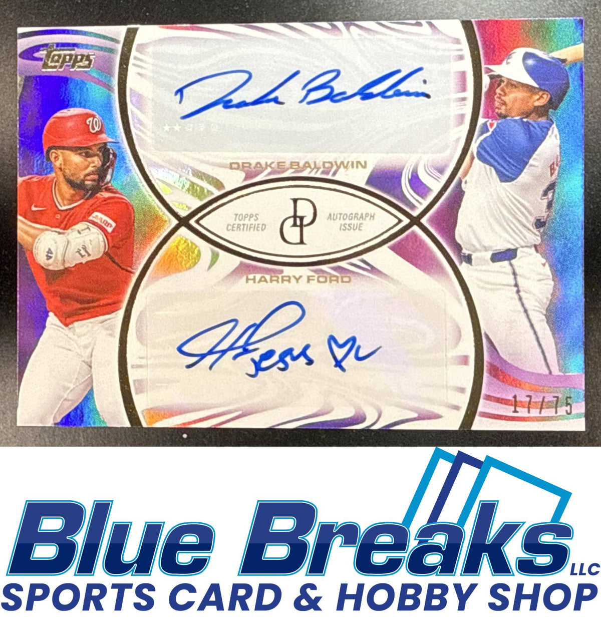 2026 Topps Dynamic Duals Auto Purple Harry Ford Drake Baldwin 7/75 #32-A Atlanta Braves Washington Nationals
