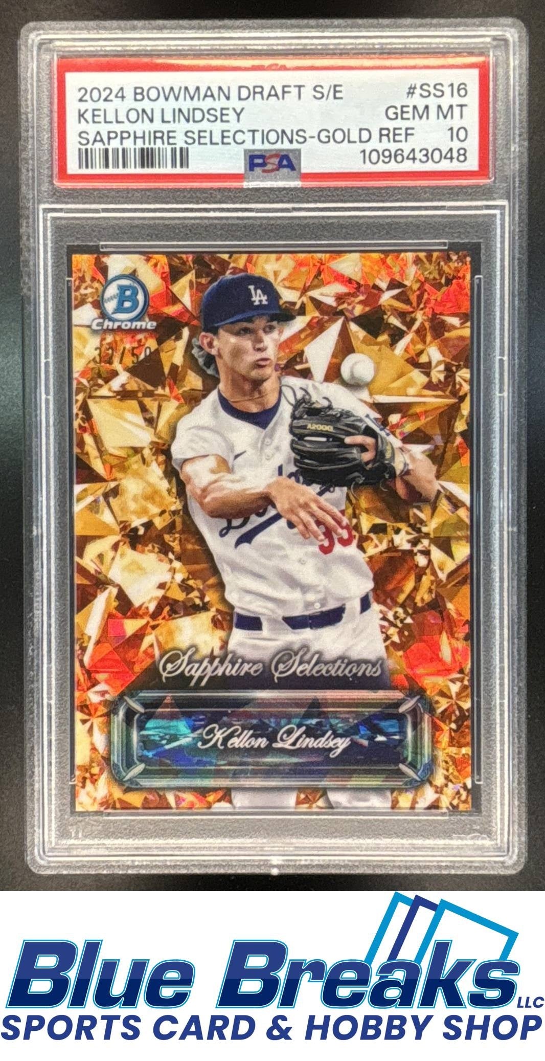 2024 Bowman Draft Sapphire Kellon Lindsey #SS-16 Selections Gold 32/50 PSA 10 Los Angeles Dodgers