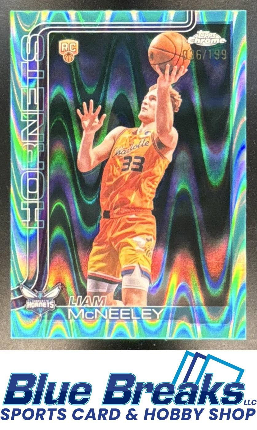 2025 Topps Chrome Update Liam McNeeley #179 Aqua Ray Wave Refractor 036/199 RC Charlotte Hornets