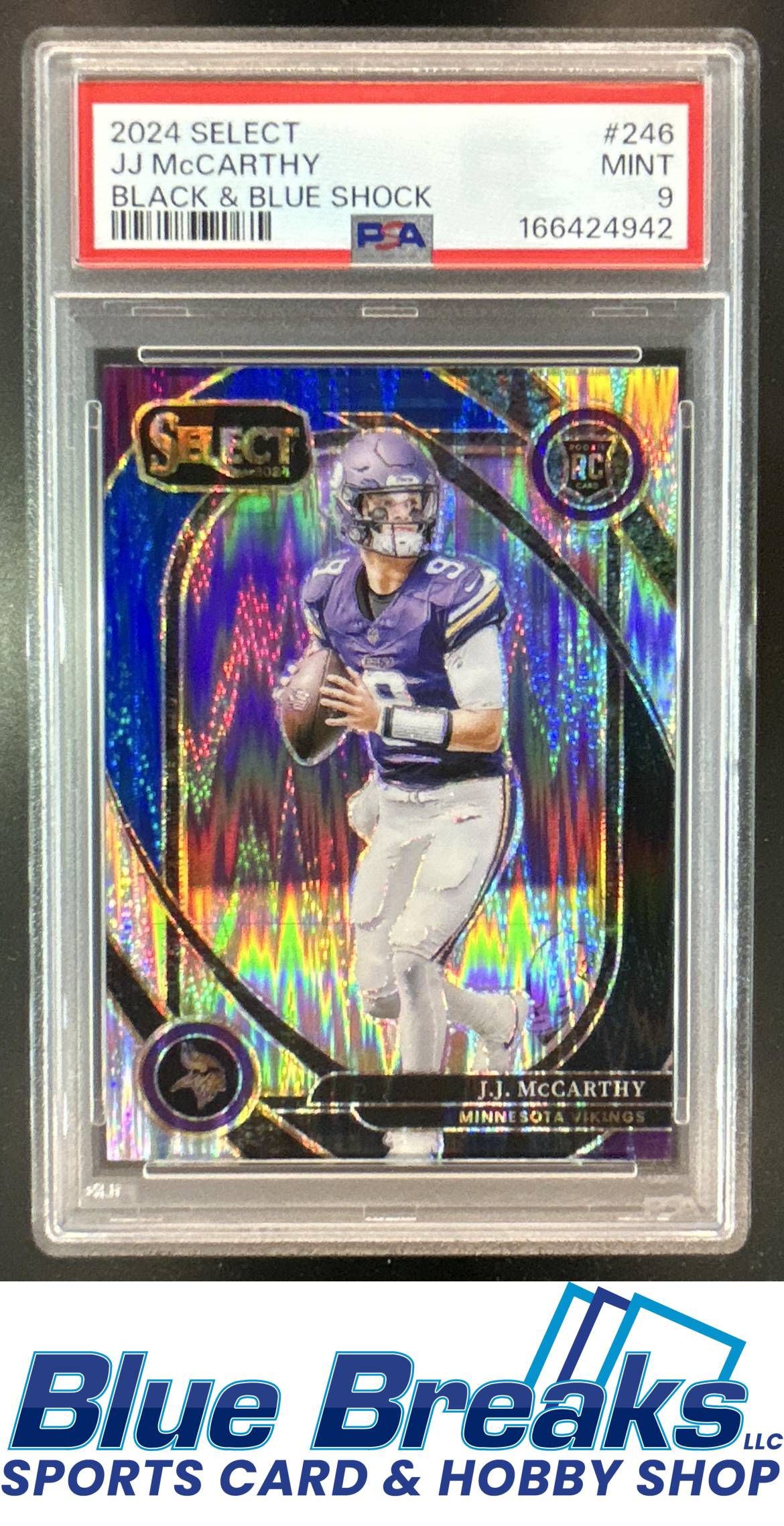 2024 Panini Select J.J. McCarthy #246 Club Black and Blue Prizm Shock RC PSA 9 Minnesota Vikings