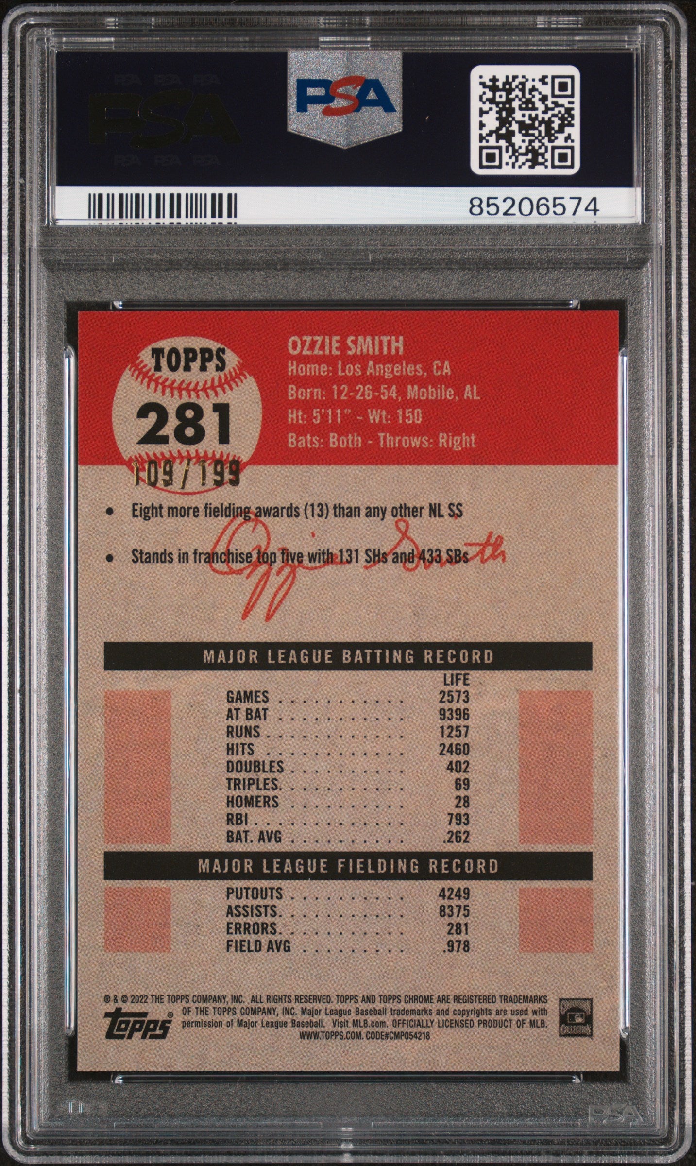 2022 Topps Chrome - Platinum Anniversary - Platinum Toile White & Blue Refractor - Ozzie Smith - 109/199 - #281 - PSA 10 - baseball - Cardinals
